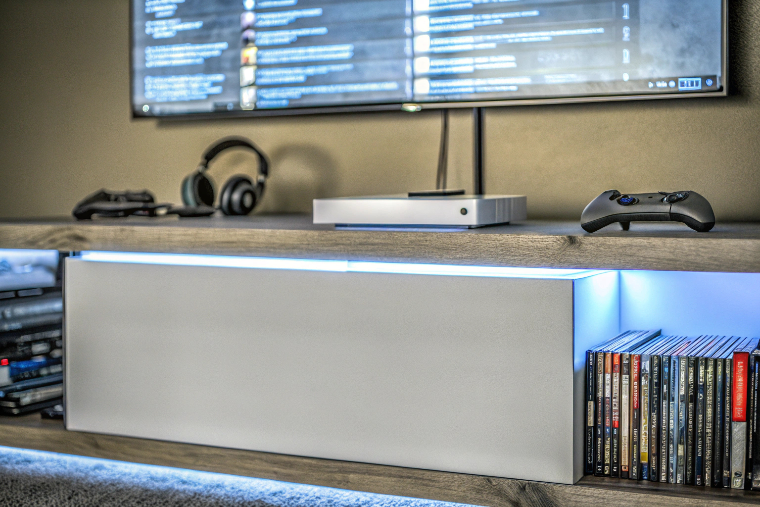 Ein Gamer beim Einrichten seiner neuen Konsole mit Zubehör. Einrichtung einer Gaming-Konsole