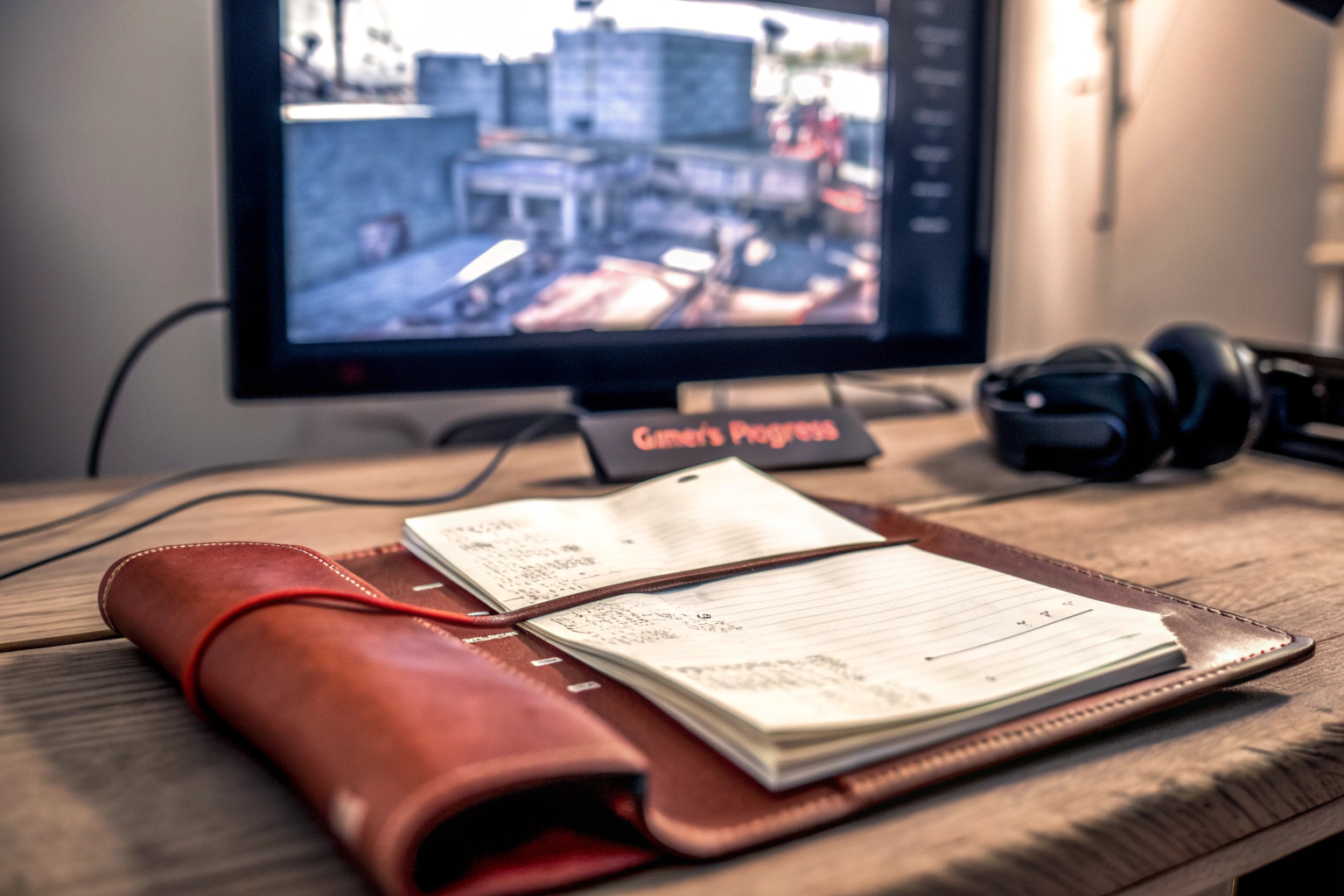 Ein Gamer benutzt ein Journal, um seine Fortschritte in einem First-Person-Shooter-Spiel zu dokumentieren. Journal für FPS-Gaming-Fortschritte