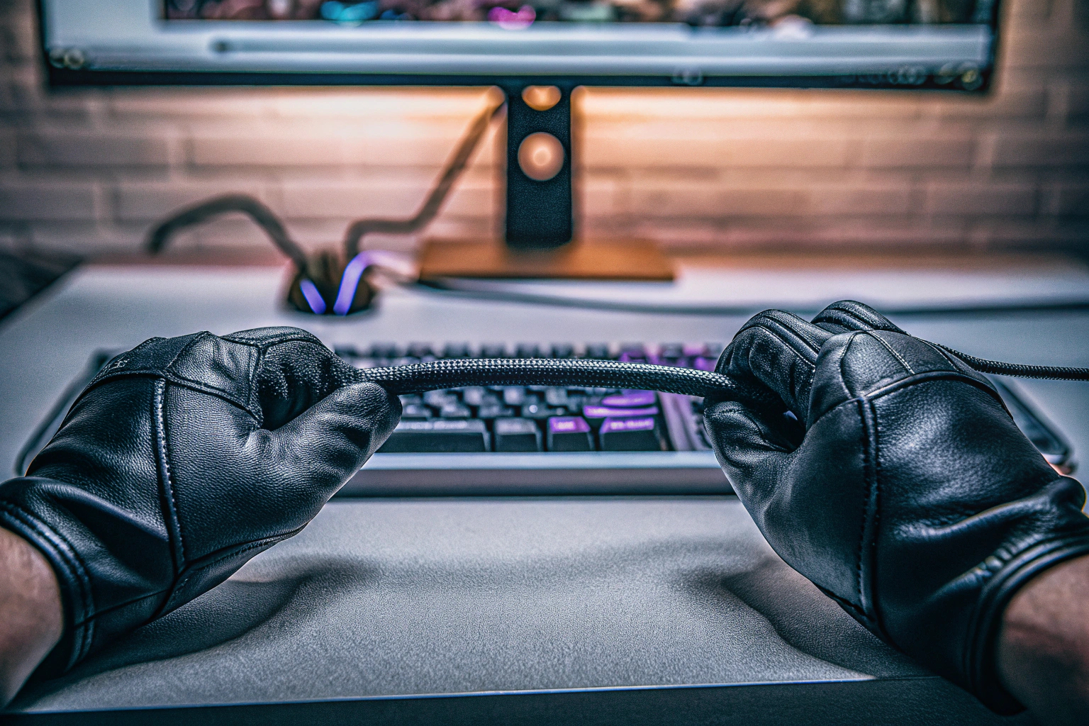 Ein Gamer, der an einem Computer sitzt und ein hochwertiges Netzwerkkabel anschließt. Gamer mit Netzwerkkabel