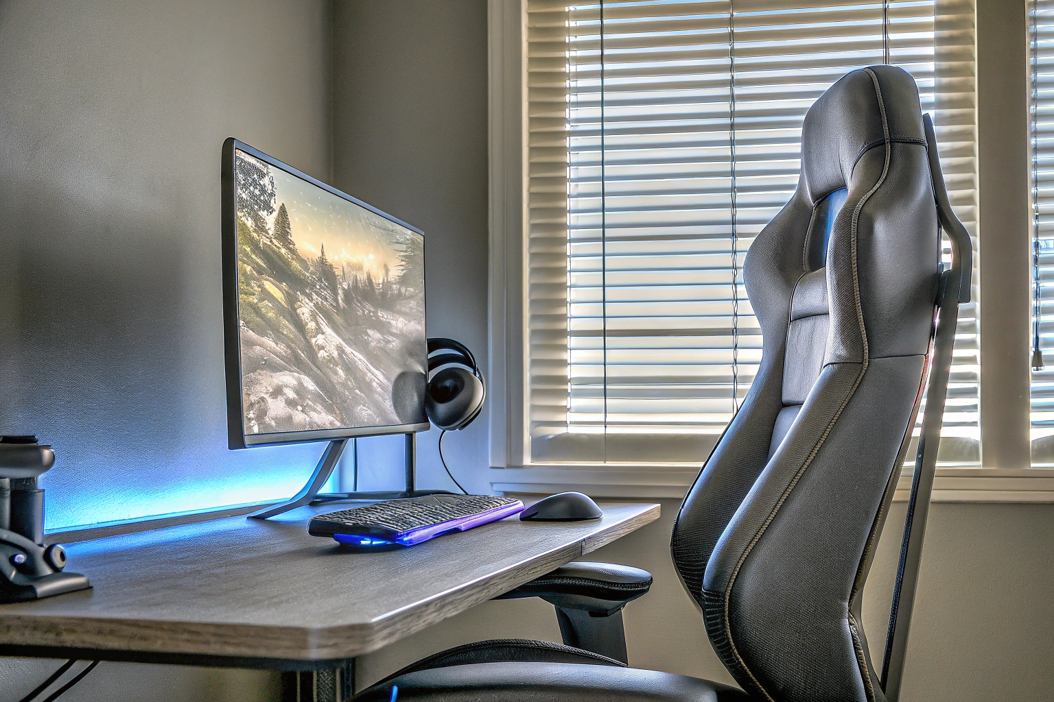 Ein Gamer, der an einem ergonomischen Gaming-Setup sitzt, das optimal für lange Spielsessions eingerichtet ist. Ergonomisches Gaming-Setup