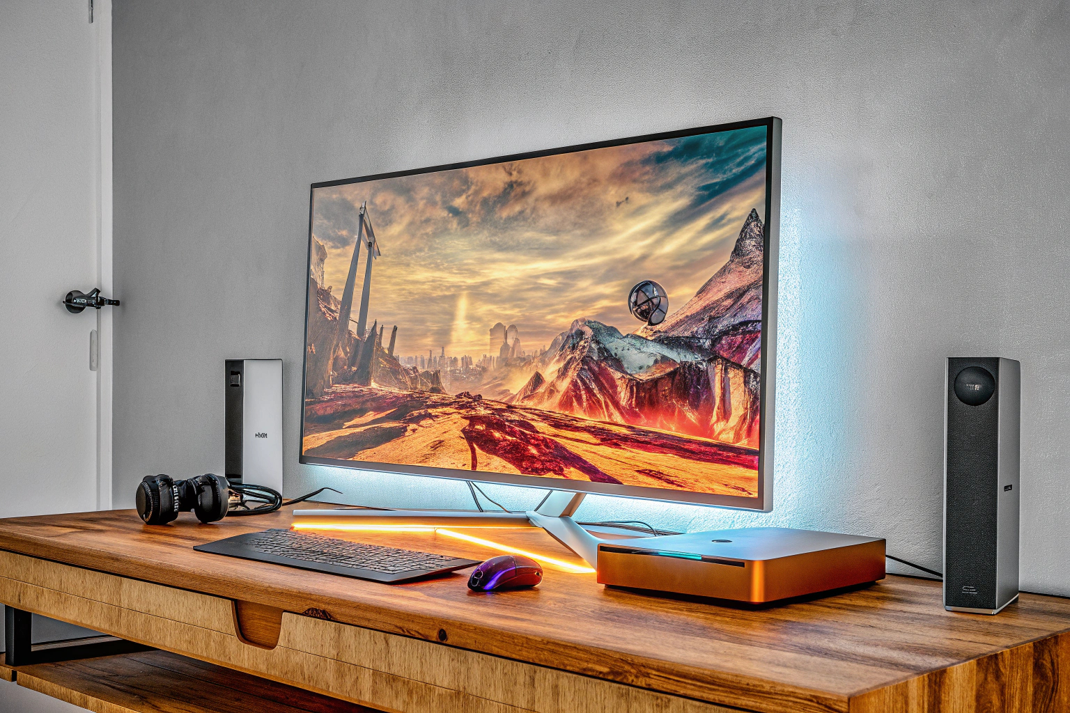 Ein Gamer, der an einem großen Bildschirm mit einem immersiven Spiel sitzt. Gamer mit großem Bildschirm