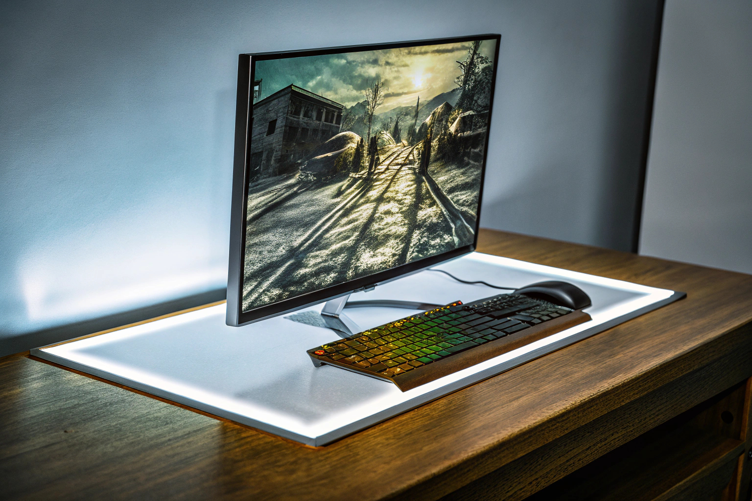 Ein Gamer, der an einem High-End-Monitor spielt, umgeben von modernem Gaming-Equipment. Gamer mit High-End-Monitor