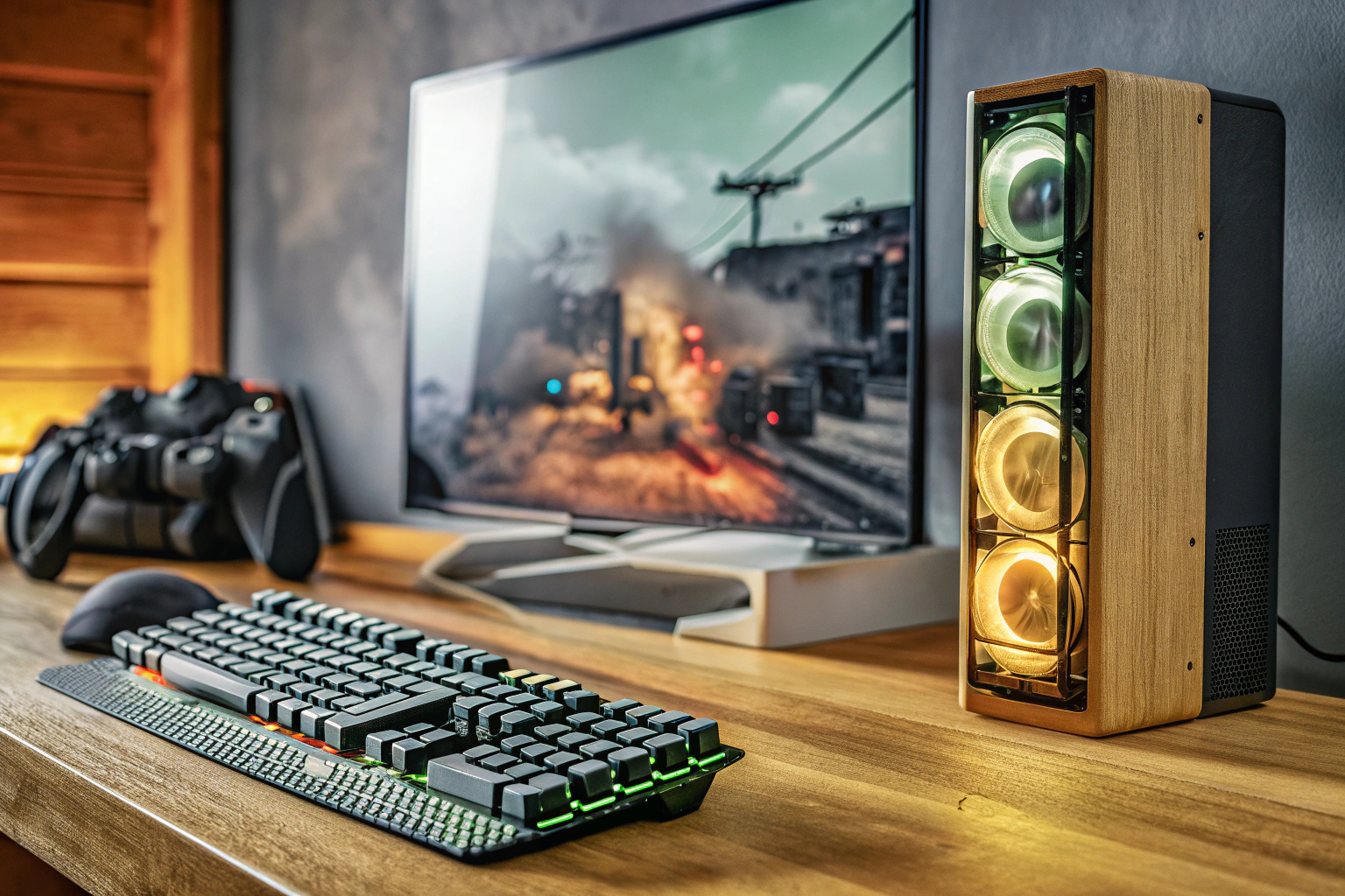 Ein Gamer, der an einem leistungsstarken Computer spielt und ein intensives Spielerlebnis genießt. Intensives Gaming-Erlebnis
