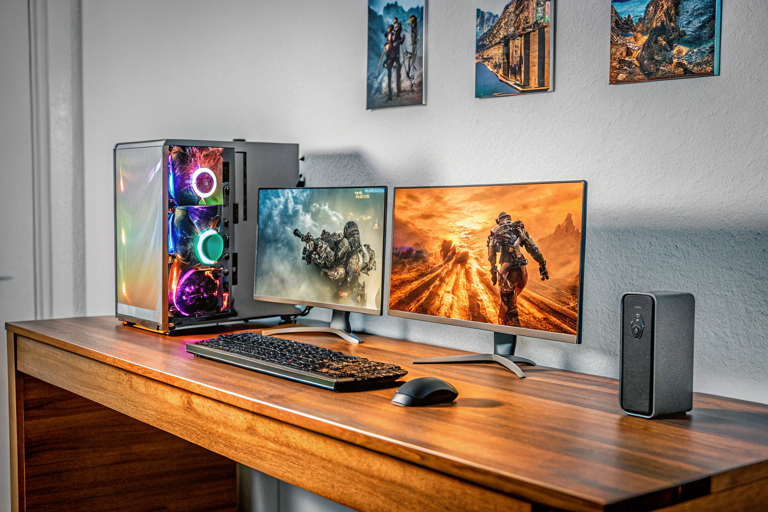 Ein Gamer, der an einem leistungsstarken Gaming-PC sitzt und ein intensives Spiel spielt. Traditionelles Gaming am PC