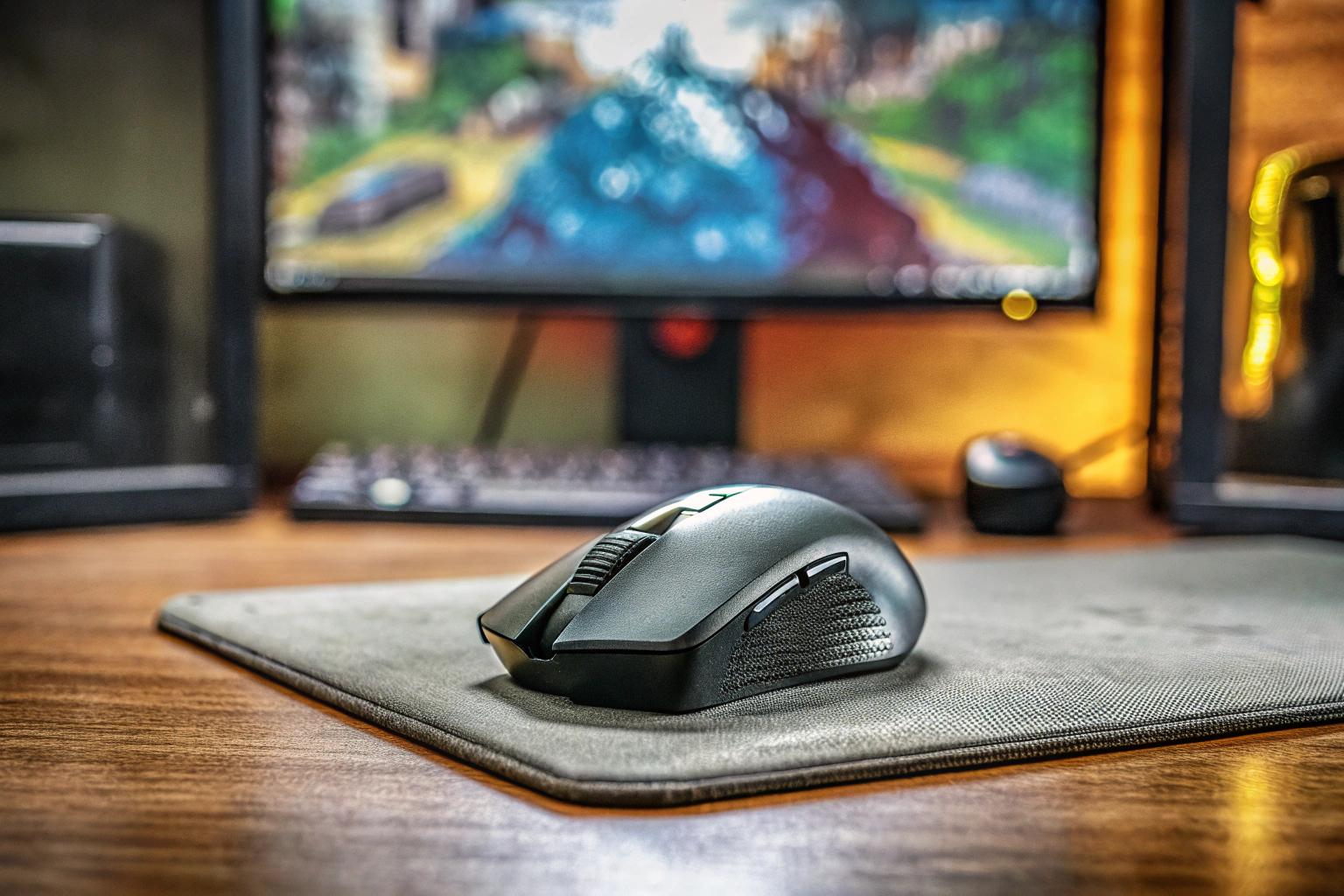 Ein Gamer, der an einem PC mit einer kabellosen Gaming-Maus spielt. Gamer mit kabelloser Gaming-Maus