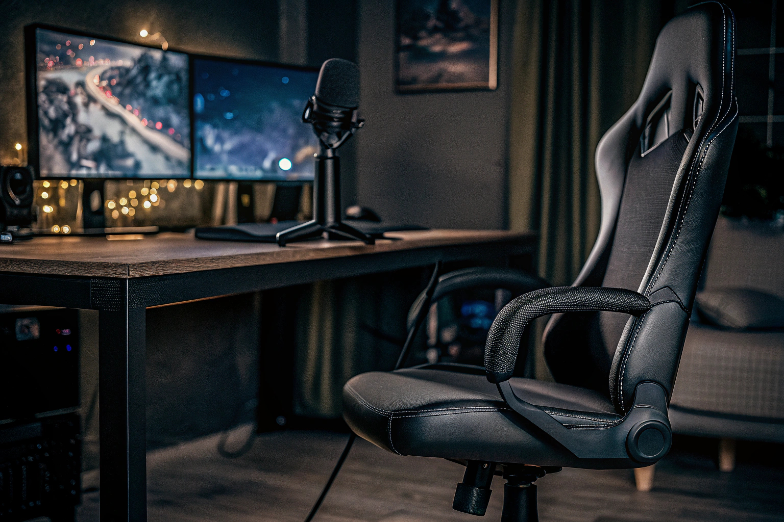 Ein Gamer, der an einem Schreibtisch sitzt und auf einem Computer spielt, mit einer Streaming-Setup-Ausstattung. Gamer beim Streamen