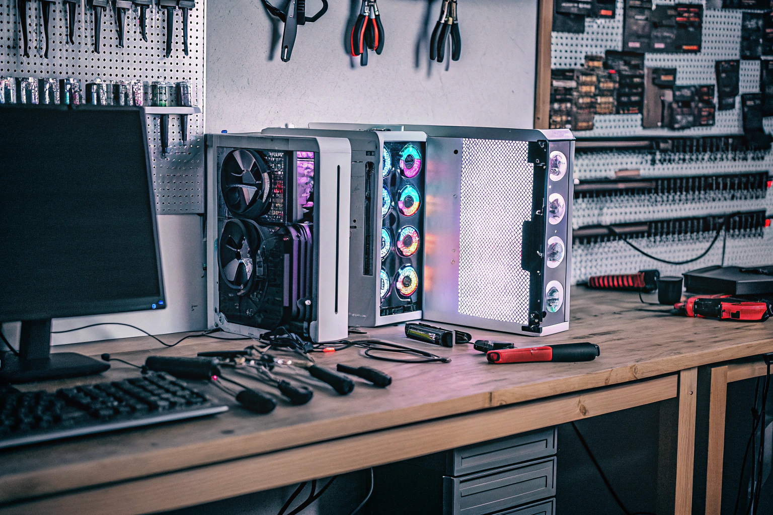 Ein Gamer, der an seinem PC-Modding-Projekt arbeitet. Gamer bei der Arbeit an einem Modding-Projekt