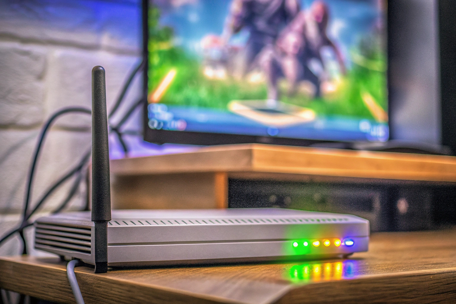 Ein Gamer, der auf einen Router schaut, während er ein Online-Spiel spielt. Gamer mit Router
