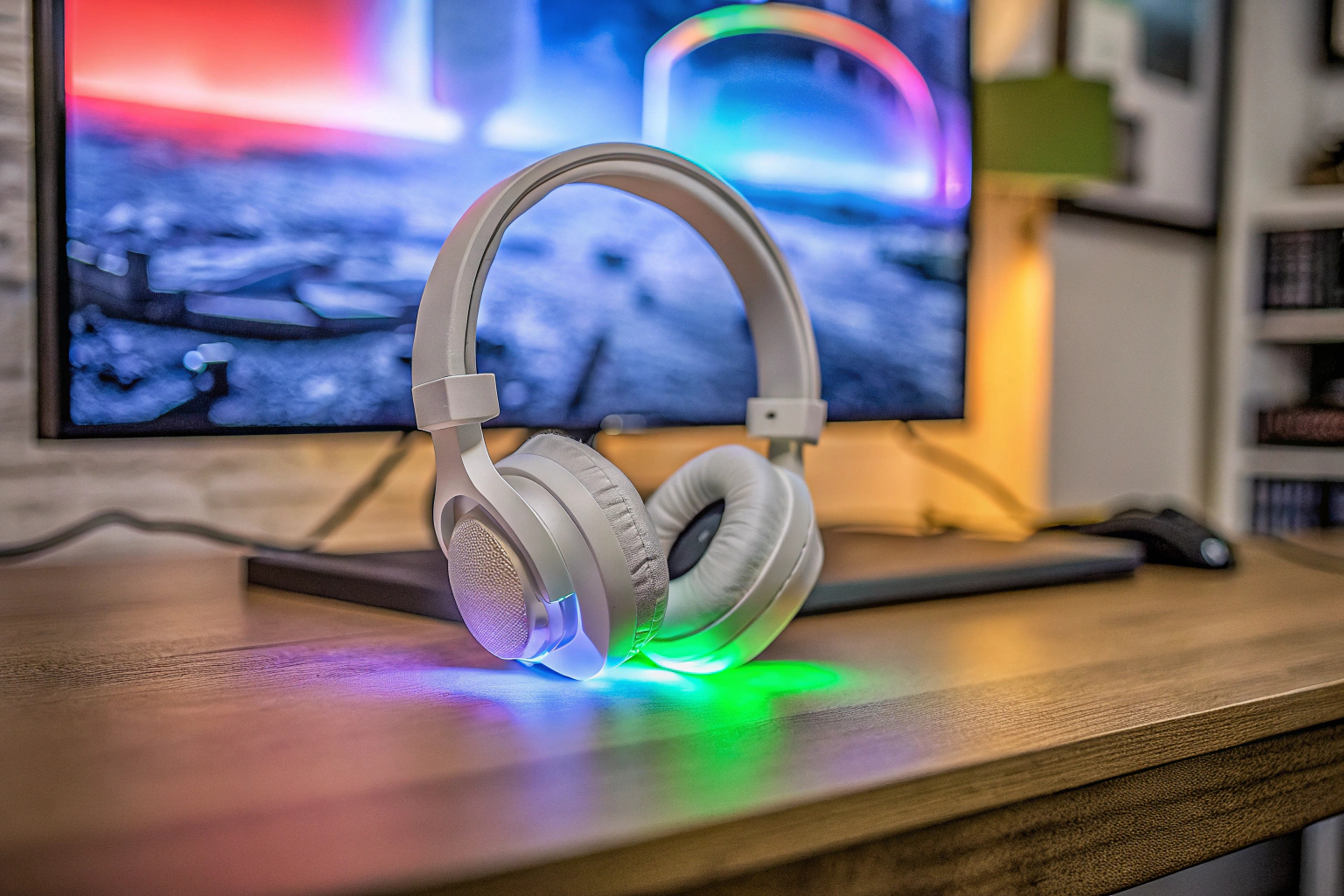 Ein Gamer, der das JBL Quantum 100M2 Headset in einem intensiven Spiel verwendet, umgeben von atemberaubender RGB-Beleuchtung. JBL Quantum 100M2 bei Nacht