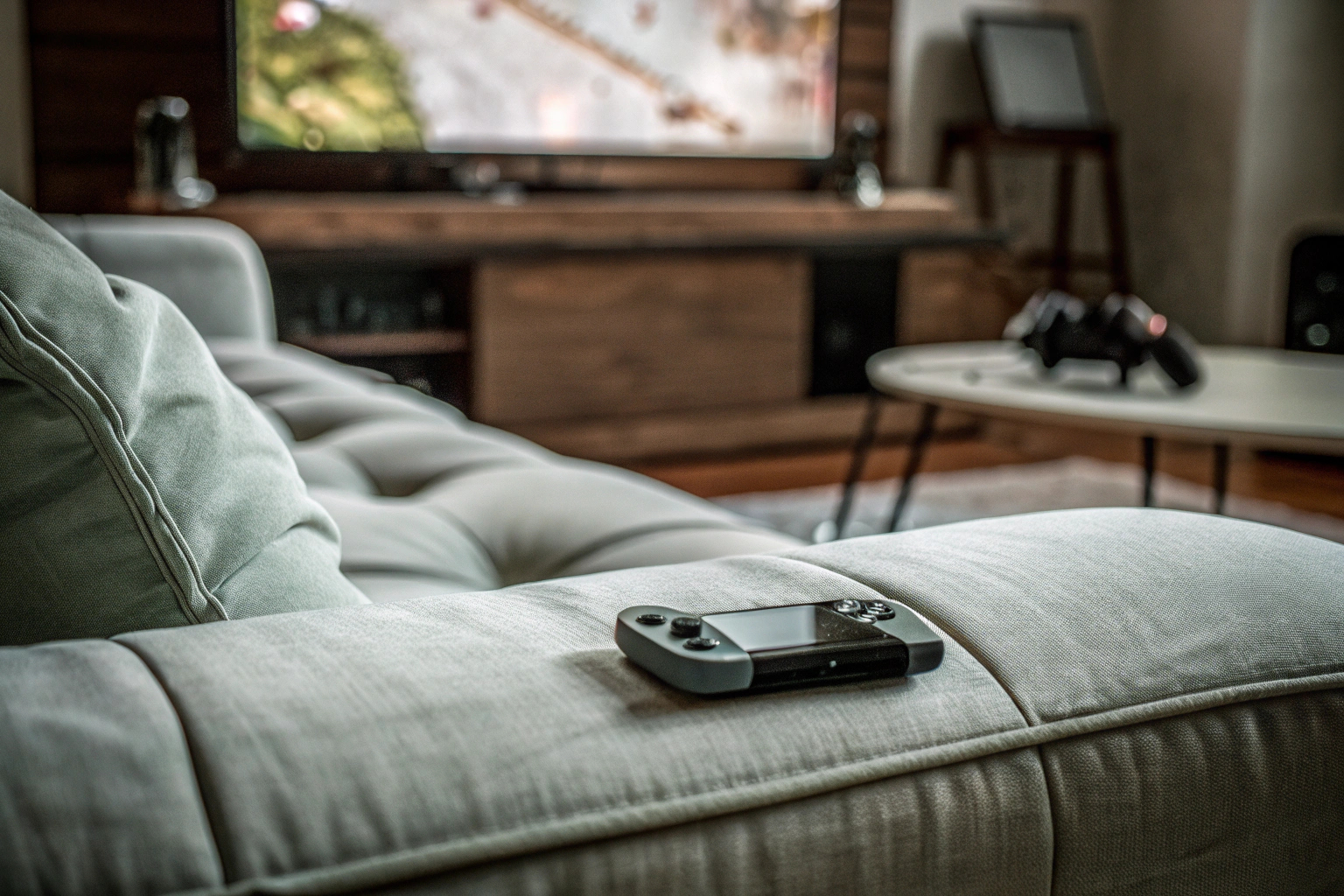 Ein Gamer, der ein Cloud-Gaming-Handheld-Gerät nutzt, während er auf einem Sofa sitzt. Gamer, der Cloud-Gaming-Handheld verwendet