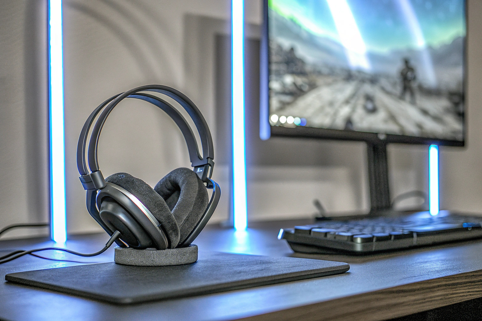 Ein Gamer, der ein High-End-Gaming-Headset während einer intensiven Spielsitzung trägt. Gamer mit High-End-Gaming-Headset
