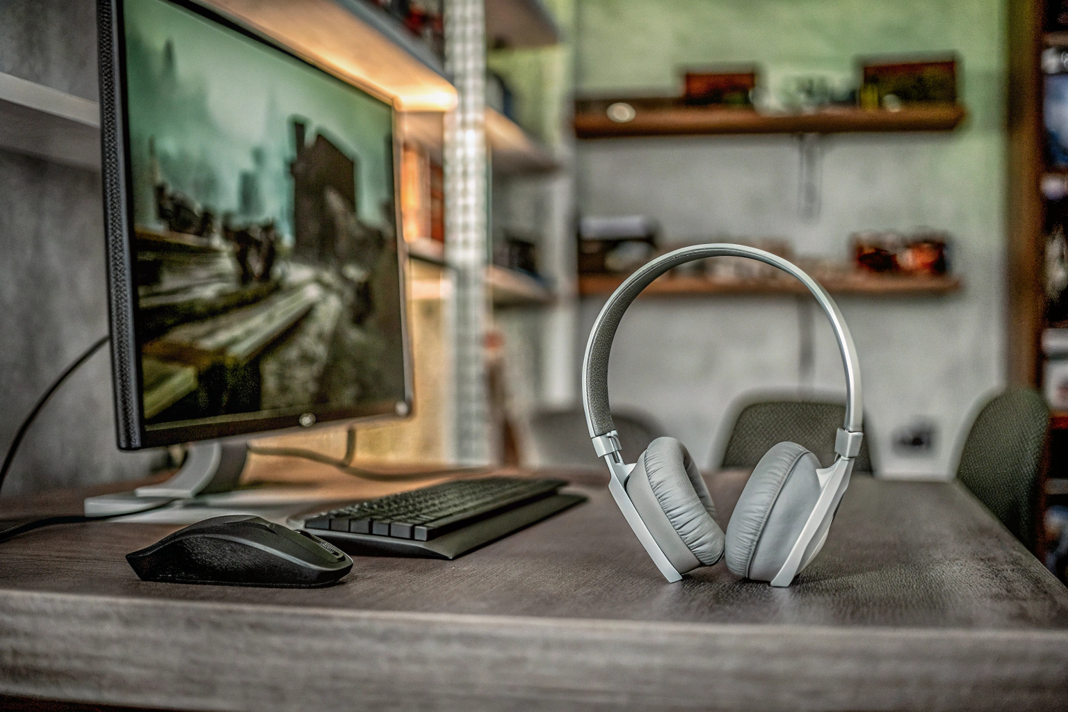 Ein Gamer, der ein kabelloses Headset trägt und sich frei im Raum bewegt. Gamer mit kabellosem Headset