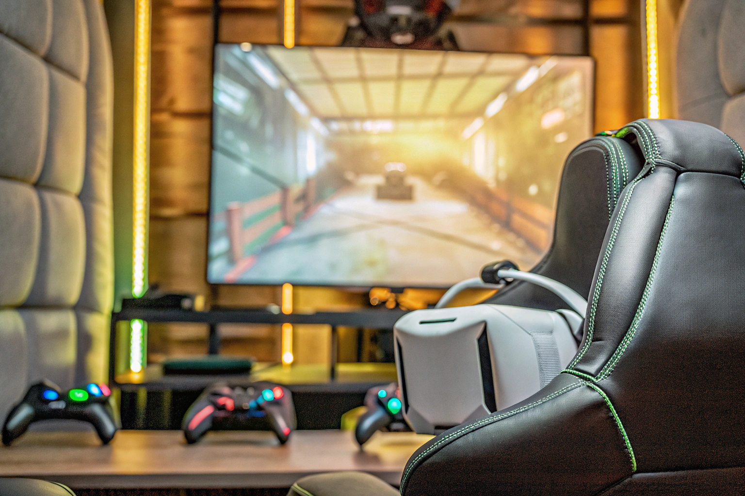 Ein Gamer, der ein VR-Headset trägt und in einer interaktiven Umgebung trainiert Gamer mit VR-Headset bei Bewegungsspielen