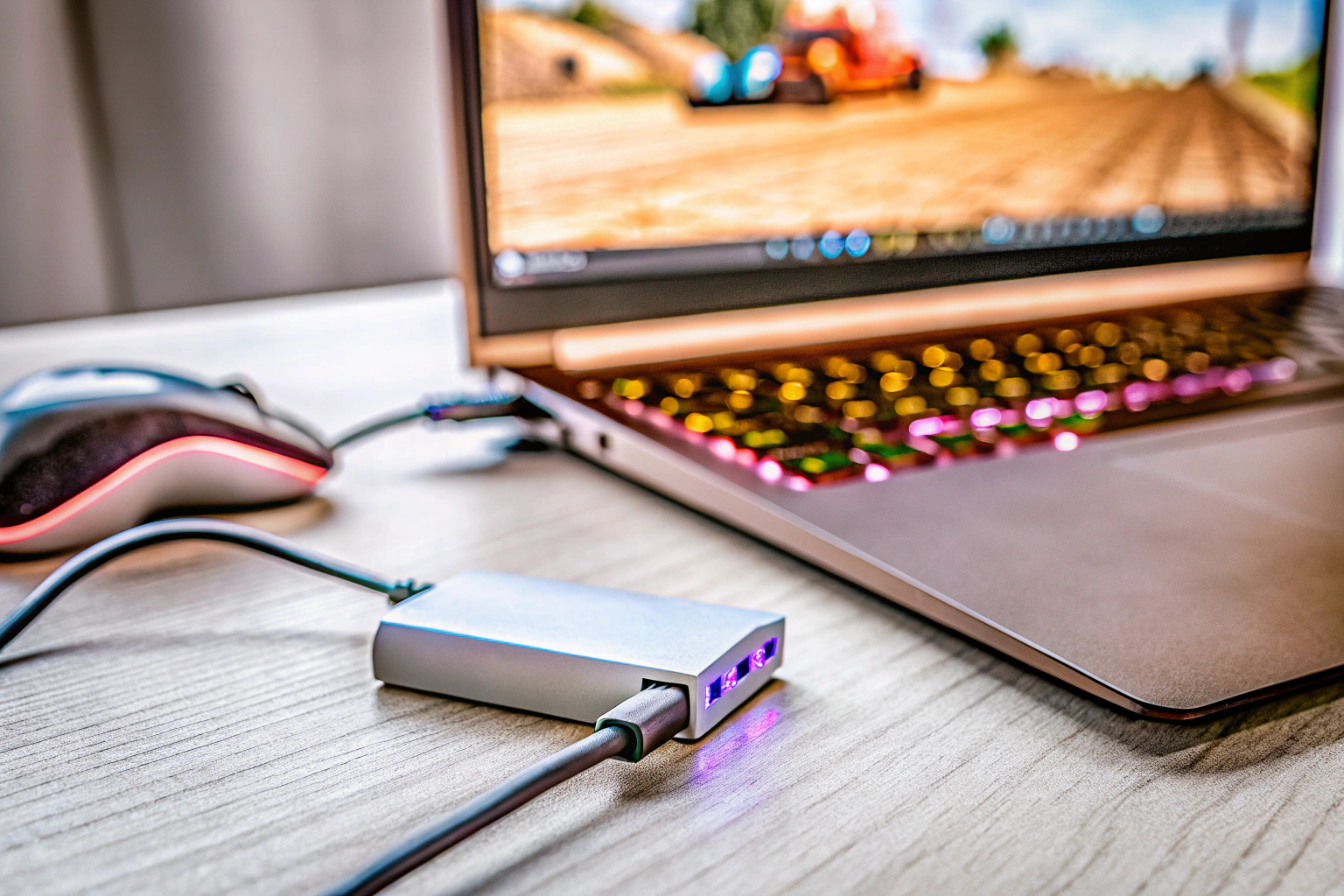 Ein Gamer, der eine externe Soundkarte an seinen Laptop anschließt. Externe Soundkarte für Gaming