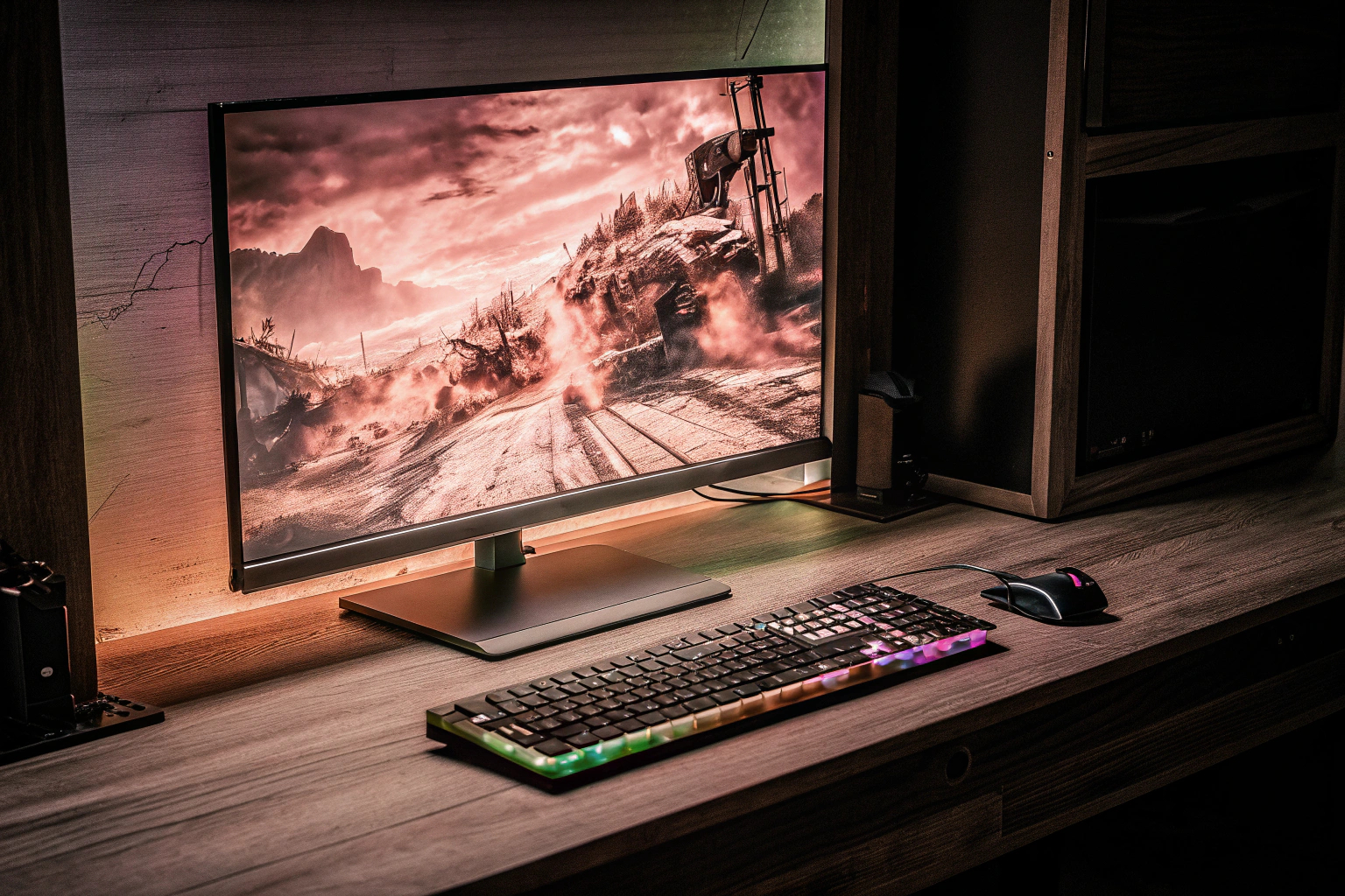 Ein Gamer, der einen 144Hz Monitor benutzt, um ein intensives Spiel zu spielen. Gamer mit 144Hz Monitor