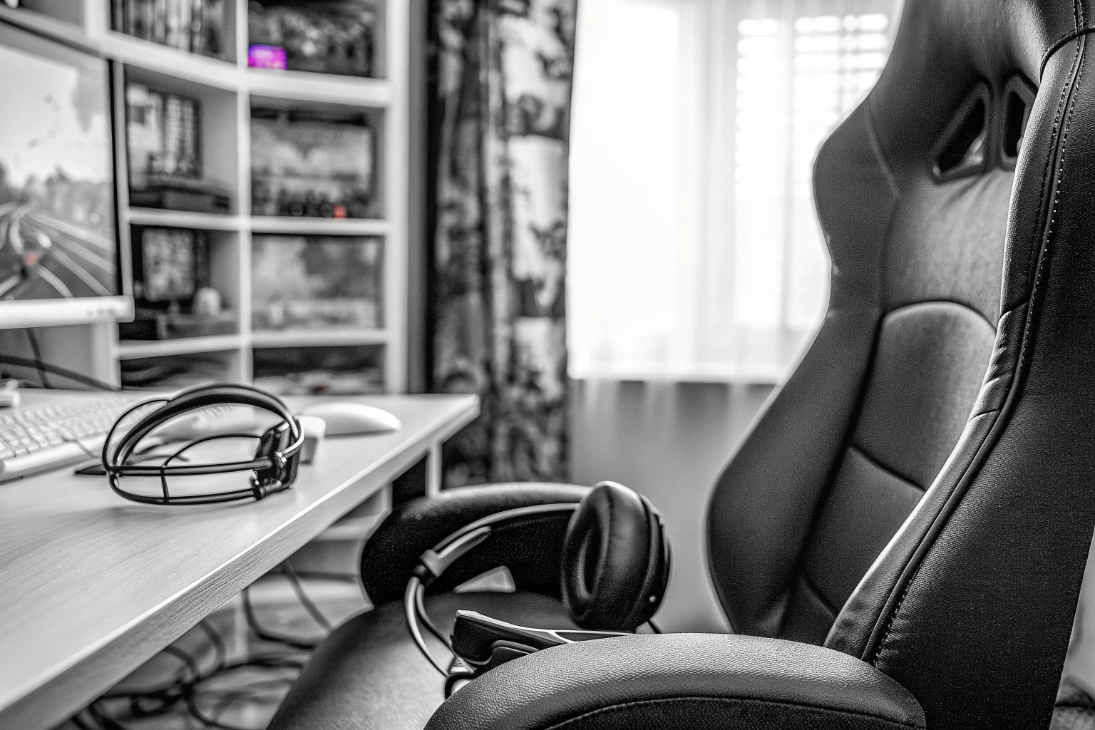 Ein Gamer, der einen Podcast hört und gleichzeitig ein Spiel spielt. Gamer hört Podcast während des Spielens