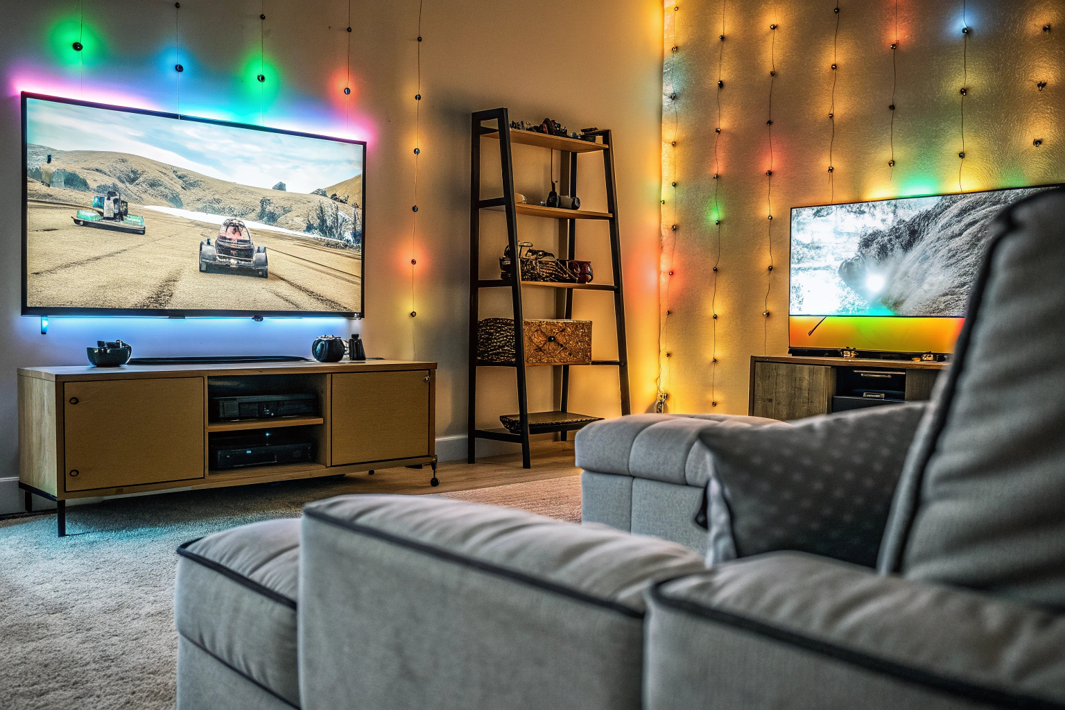 Ein Gamer, der in einem gemütlichen Raum mit mehreren Bildschirmen und einem Gaming-Setup sitzt. Gamer mit mehreren Bildschirmen