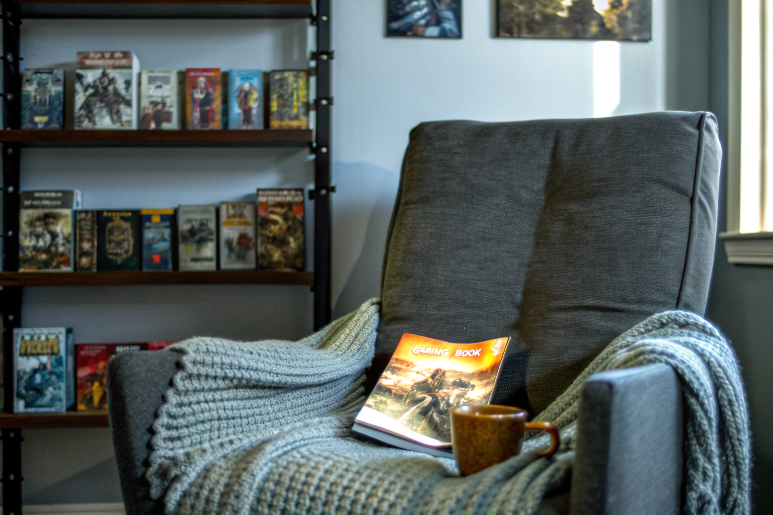 Ein Gamer, der in einem gemütlichen Sessel sitzt und ein Gaming-Buch liest. Gamer liest ein Buch