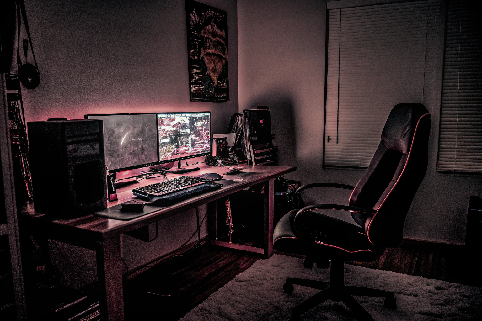 Ein Gamer, der in einem gut ausgestatteten Gaming-Zimmer sitzt, umgeben von hochwertigem Equipment. Gamer in einem Gaming-Zimmer