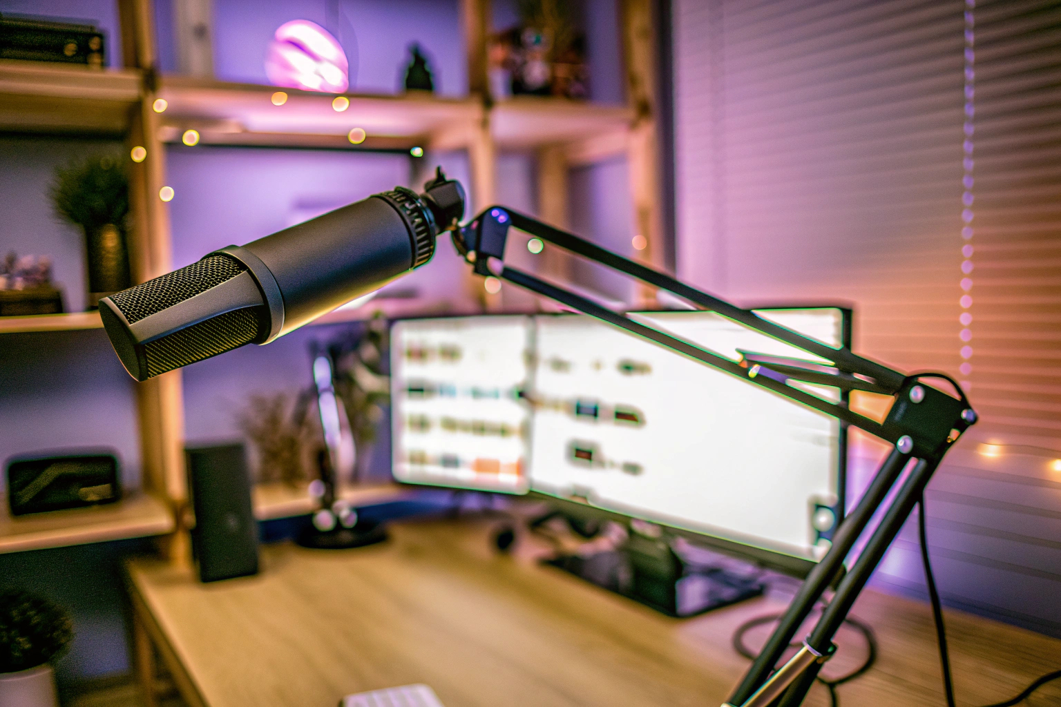 Ein Gamer, der in einem professionellen Streaming-Setup streamt, mit Mikrofon, Kamera und mehreren Monitoren. Professionelles Streaming-Setup