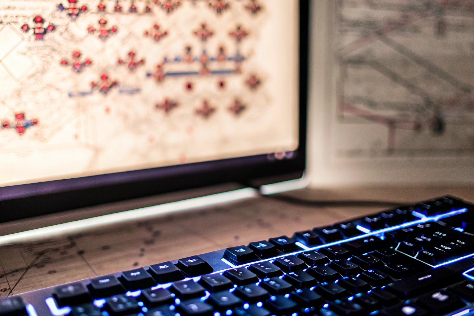 Ein Gamer, der intensiv ein Strategiespiel spielt, um seine taktischen Fähigkeiten zu verbessern. Gamer beim Spielen eines Strategiespiels