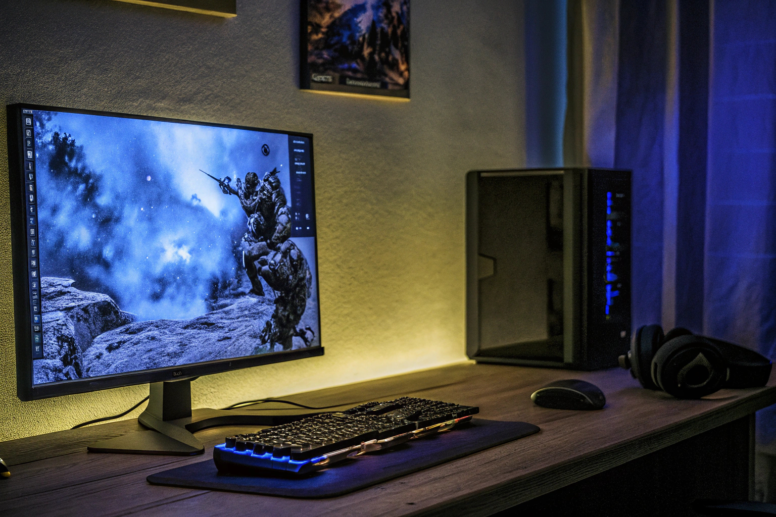 Ein Gamer, der konzentriert an seinem PC spielt, umgeben von moderner Gaming-Ausrüstung. Gamer mit moderner Ausrüstung