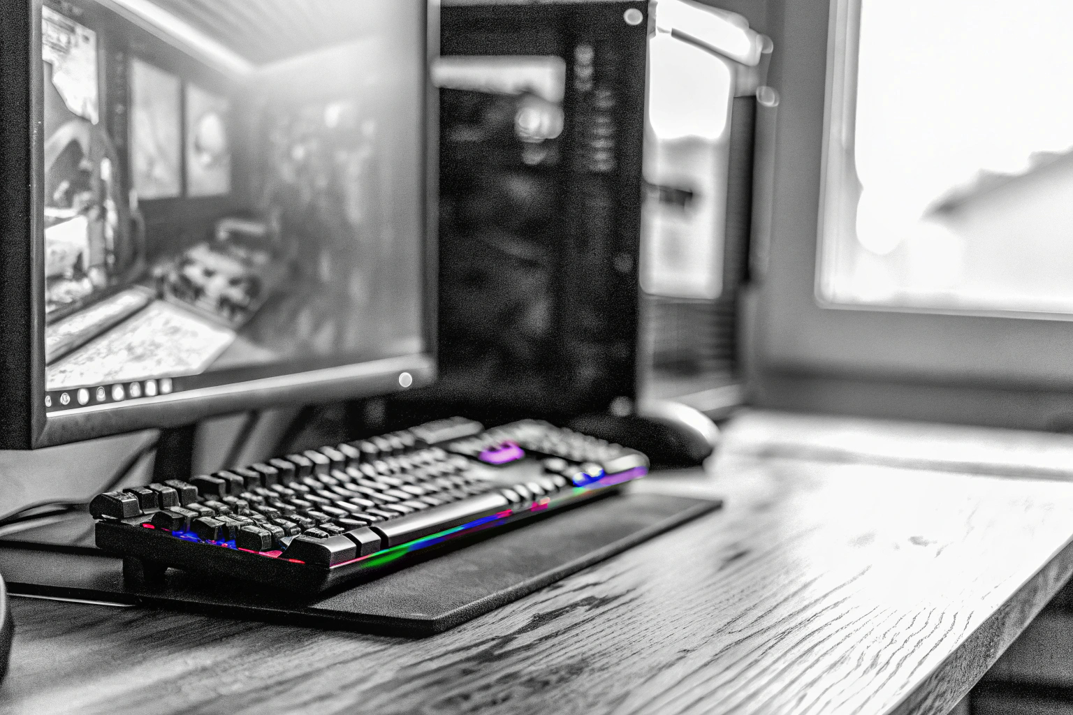 Ein Gamer, der konzentriert vor seinem PC sitzt, während auf dem Bildschirm ein spannendes Spiel läuft. Gamer beim Spielen