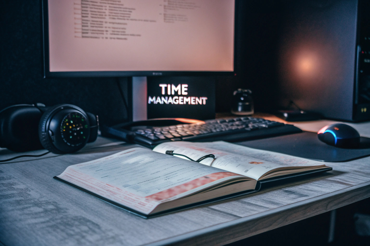 Ein Gamer, der mit einem Buch über Zeitmanagement arbeitet. Zeitmanagement Buch für Gamer
