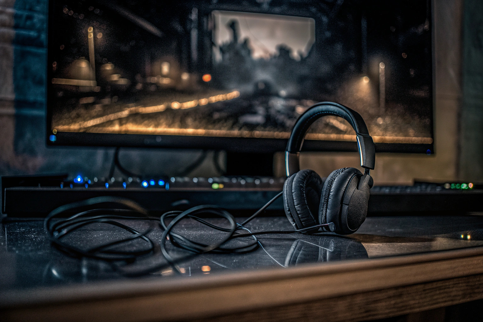 Ein Gamer, der mit einem hochwertigen Headset in ein Spiel vertieft ist. Gamer mit hochwertigem Headset