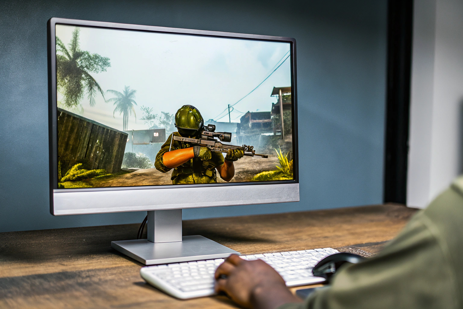 Ein Gamer, der mit einem modernen Monitor spielt, während er ein Headset trägt, um das volle Gaming-Erlebnis zu genießen. Gamer mit Headset und Monitor