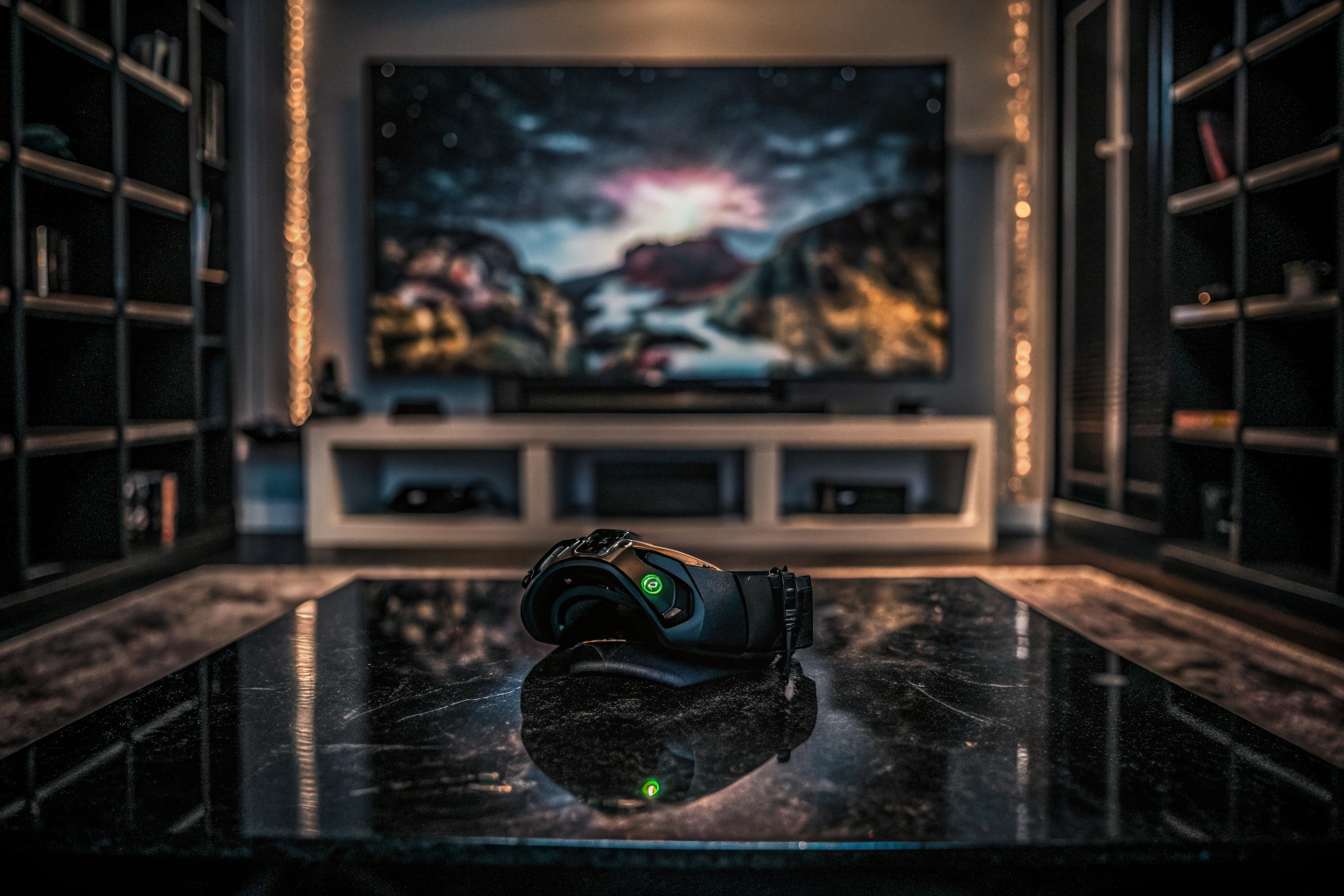 Ein Gamer, der mit einem VR-Headset ein intensives Spielerlebnis genießt. Gamer mit VR-Headset