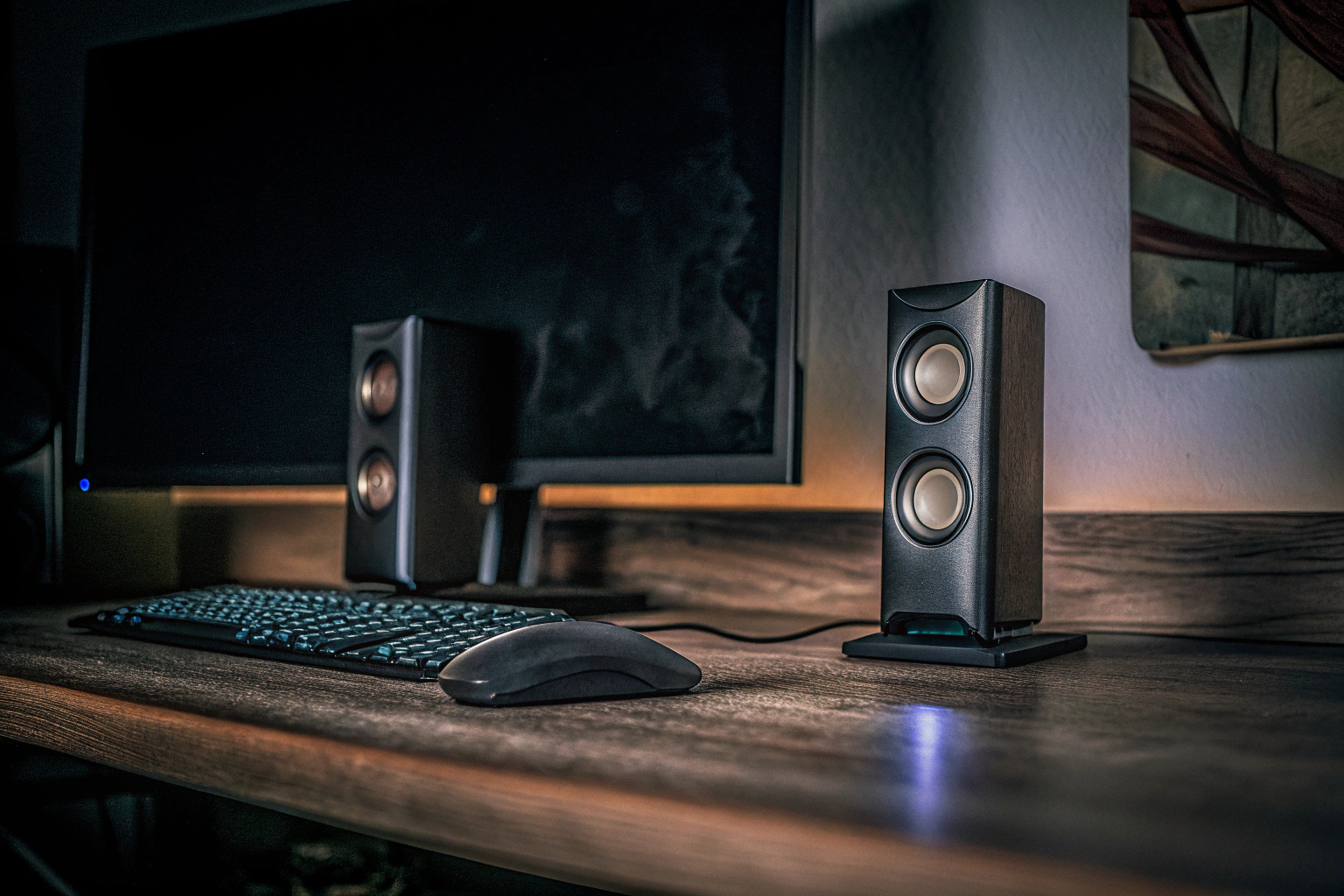 Ein Gamer, der mit kabellosen Lautsprechern spielt, umgeben von einem minimalistischen Setup. Gamer mit kabellosen Lautsprechern