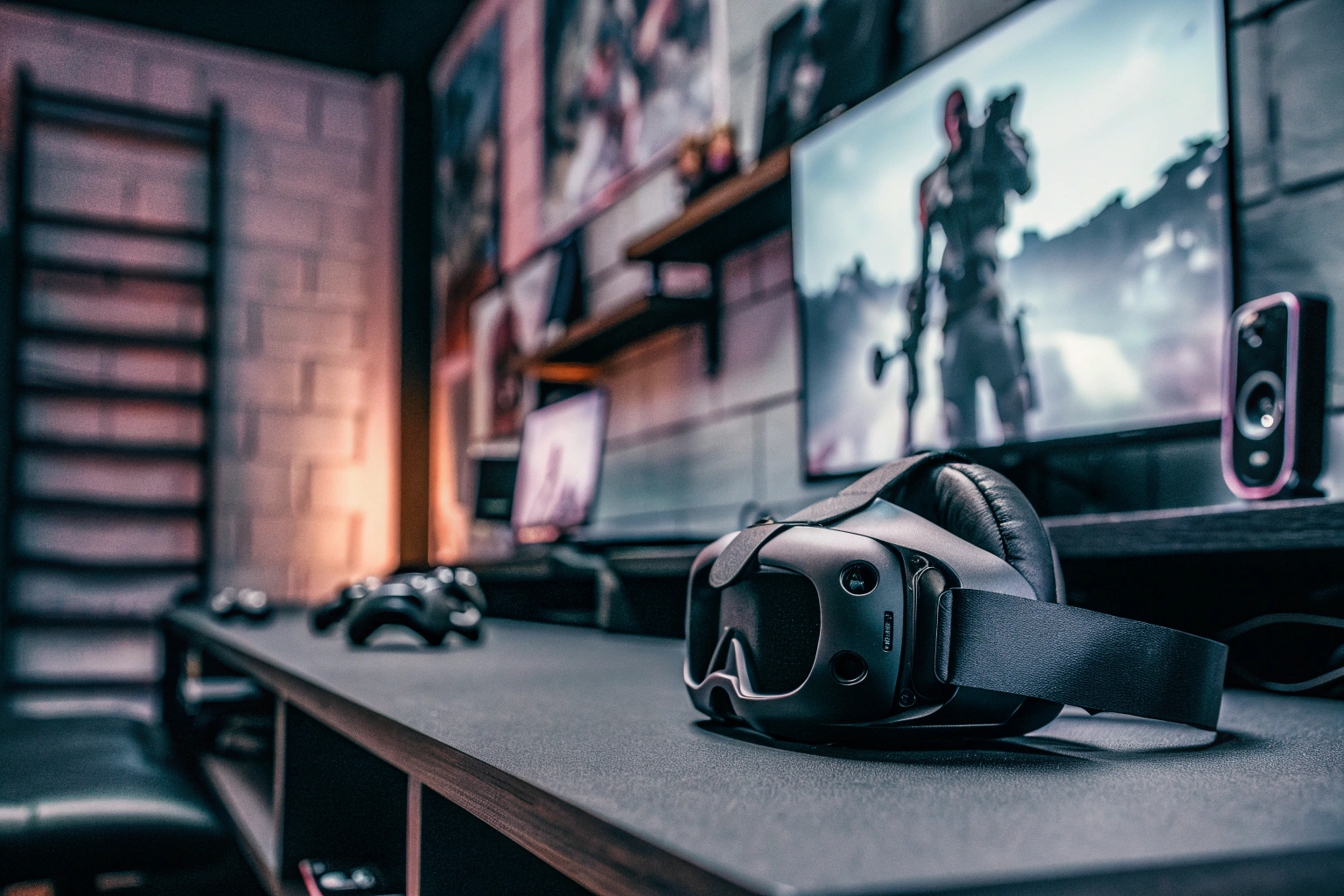 Ein Gamer, der mit VR-Headset und Controllern in ein spannendes Spiel vertieft ist. Gamer mit VR-Headset