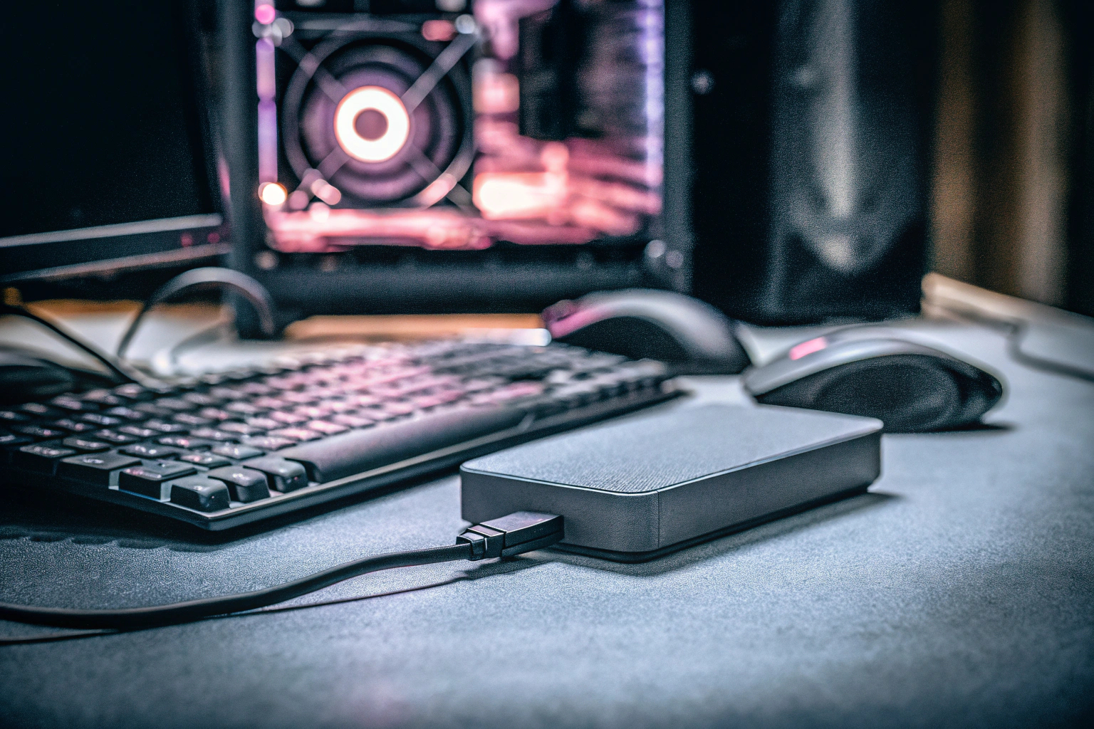 Ein Gamer, der seine Daten auf einem externen Laufwerk sichert. Gamer bei der Datensicherung