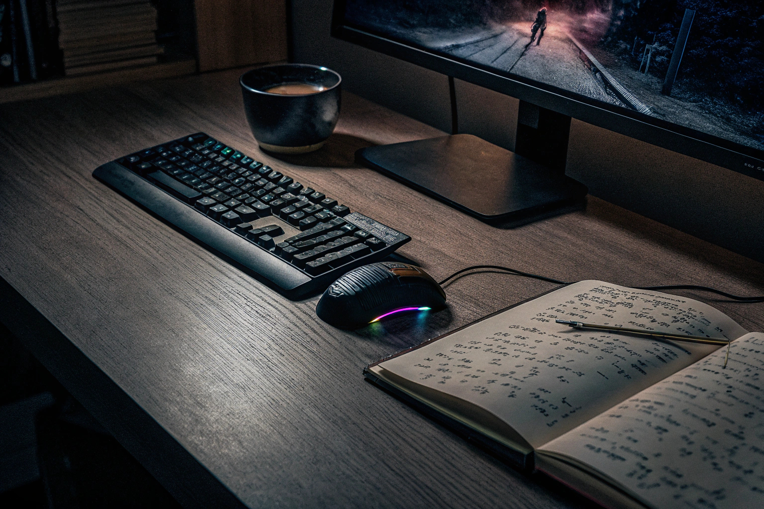 Ein Gamer, der seine Fortschritte in einem Notizbuch dokumentiert, um seine Spielweise zu analysieren und zu verbessern. Notizbuch zur Gaming-Analyse
