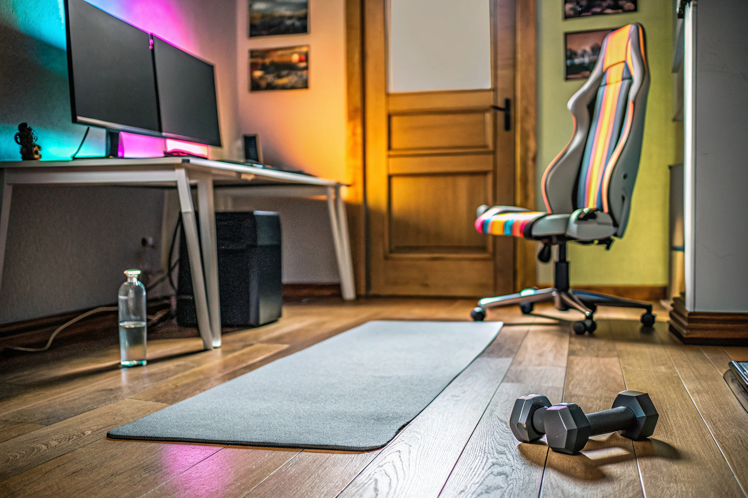 Ein Gamer, der während einer Pause einfache Fitnessübungen macht, um fit zu bleiben. Gamer macht Fitnessübungen