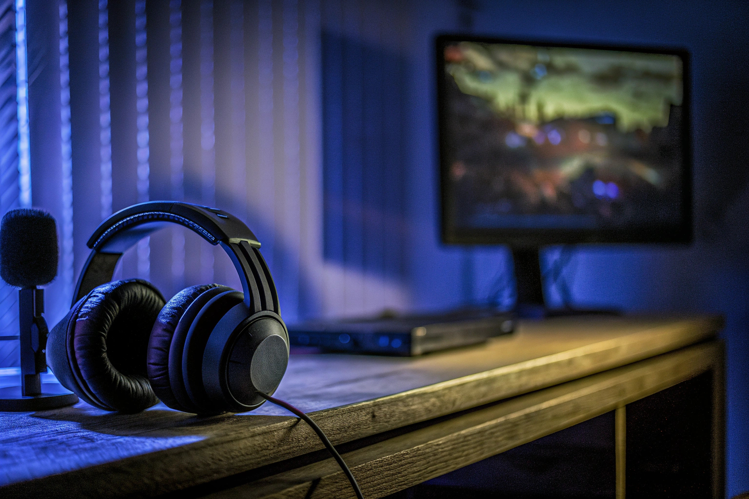 Ein Gamer in einem dunklen Raum mit Kopfhörern, der in ein spannendes Spiel vertieft ist. Gamer mit Kopfhörern