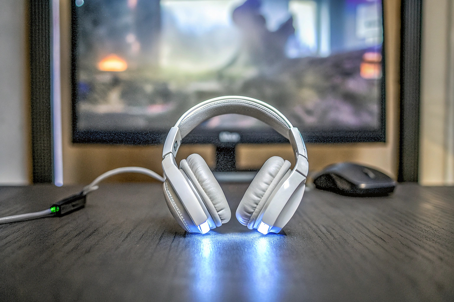 Ein Gamer mit einem Headset, der in ein Spiel vertieft ist. Das Beleuchten des Headsets zeigt die Immersion im Gaming-Erlebnis. Gamer mit Headset