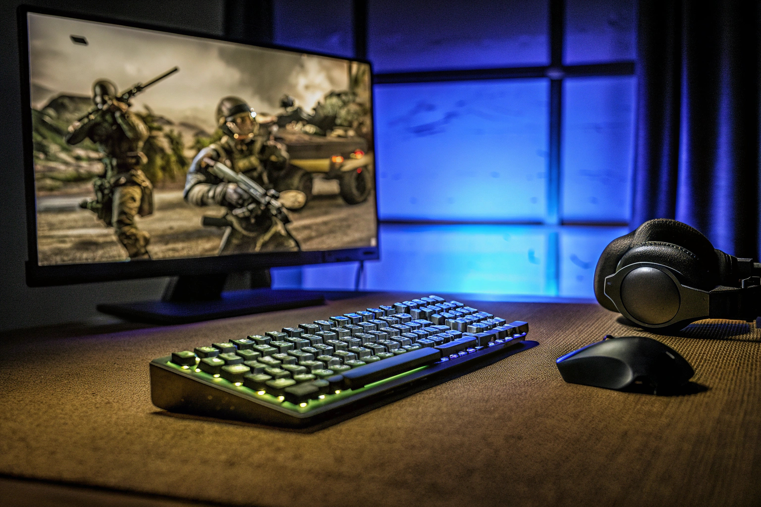 Ein Gamer mit Headset diskutiert strategisch mit anderen Spielern während eines Multiplayer-Spiels. Multiplayer-Spiele Strategie