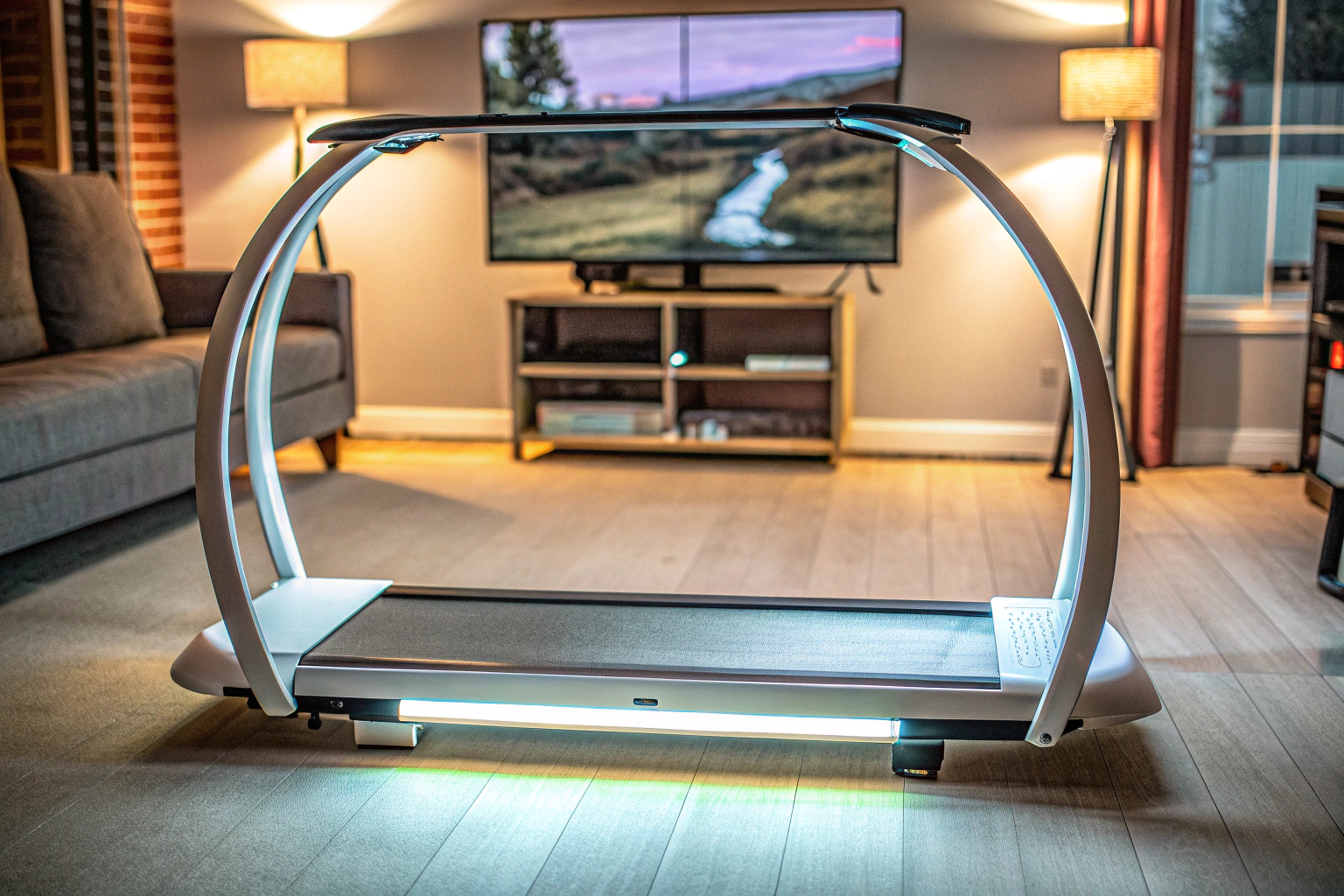 Ein Gamer nutzt das KAT Walk C2 Plus VR Laufband in einem modernen Wohnzimmer. Gamer auf VR Laufband