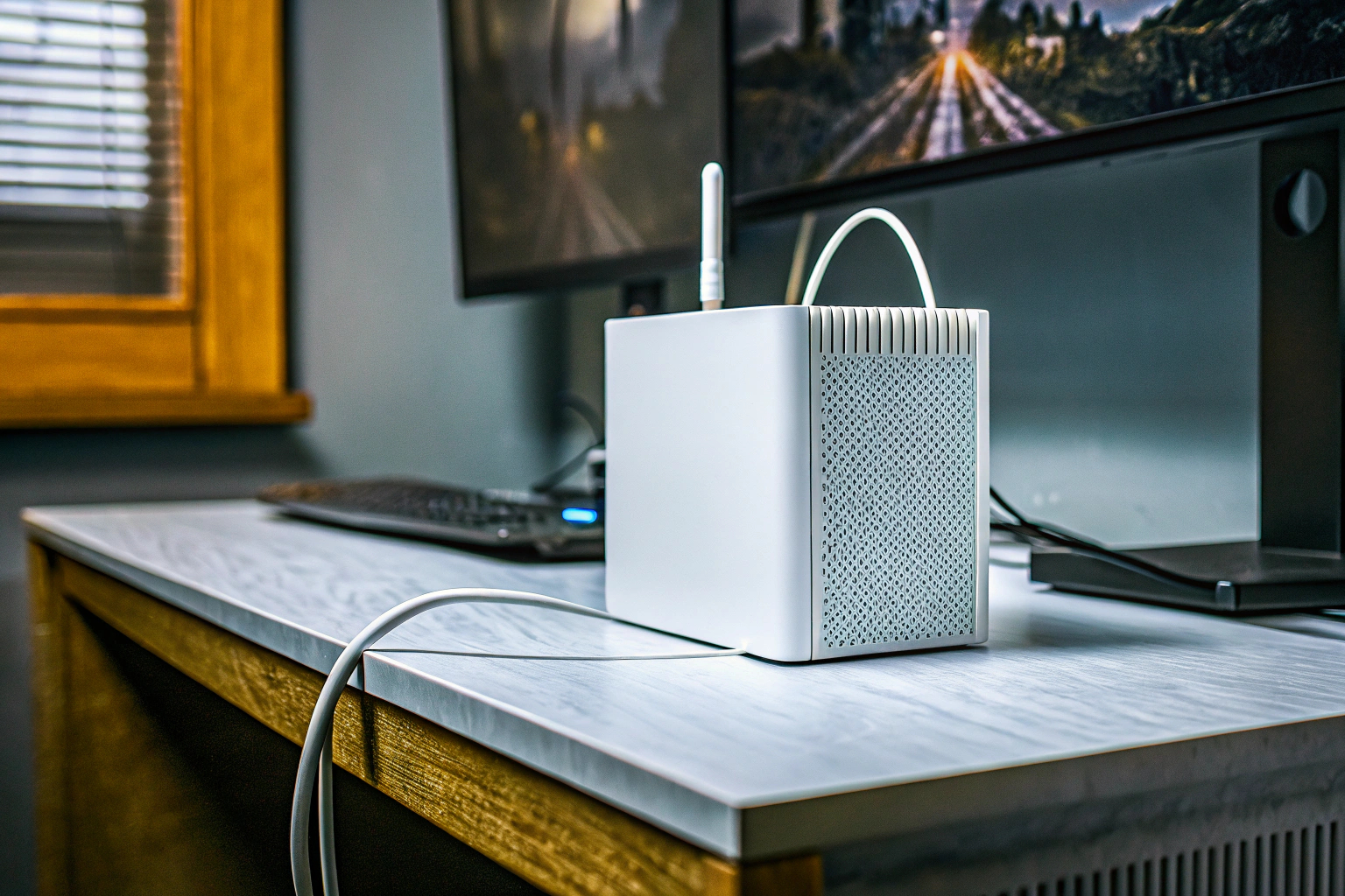 Ein Gamer-PC, der über ein Ethernet-Kabel mit einem Router verbunden ist. PC mit Ethernet-Verbindung