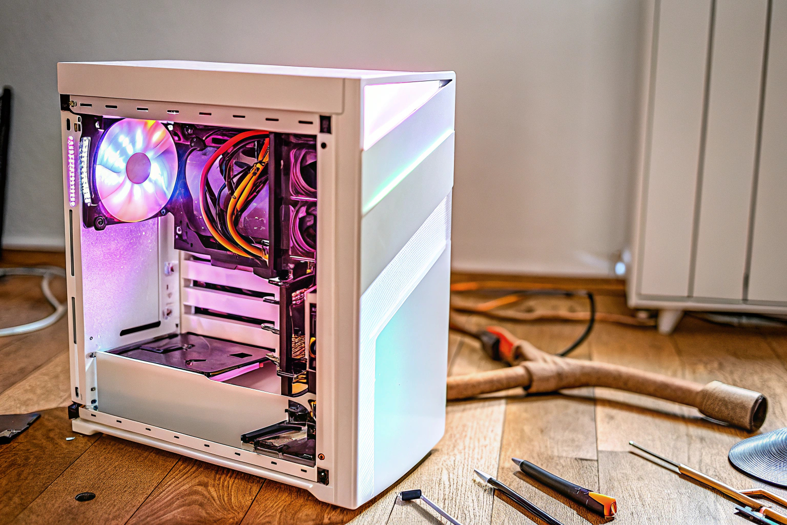 Ein Gamer-PC mit offenem Gehäuse, der verschiedene Komponenten zeigt. Offener Gaming-PC mit sichtbaren Komponenten