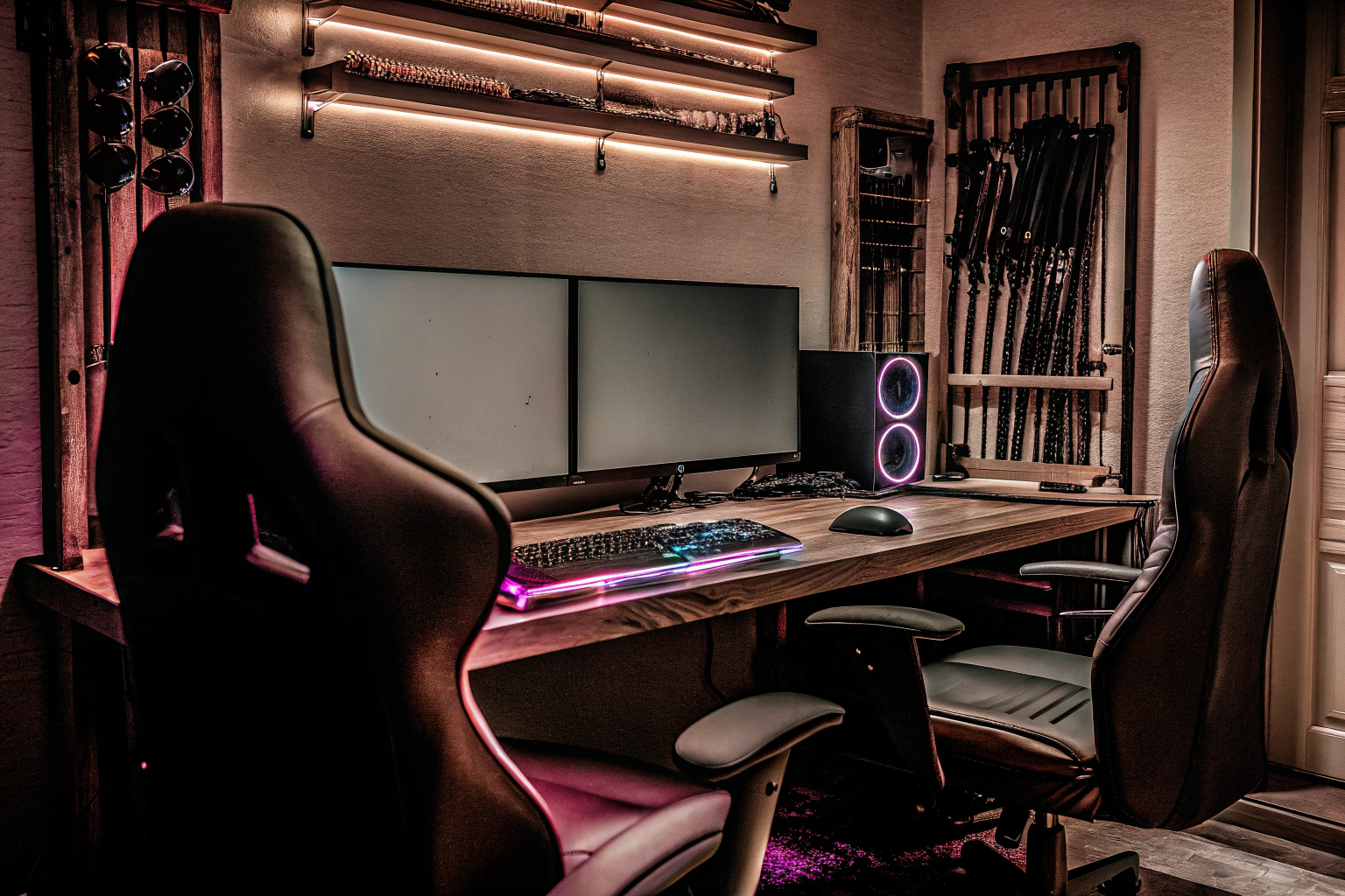Ein Gamer-Raum mit hochmoderner Gaming-Ausrüstung und RGB-Beleuchtung. Gamer-Raum mit RGB-Beleuchtung
