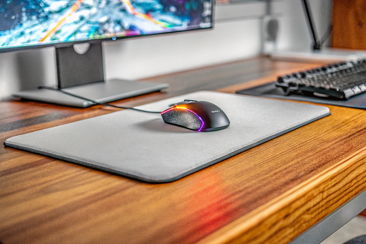 Ein Gamer sitzt an einem Schreibtisch mit einem hochwertigen Gaming-Setup, einschließlich Monitor, Mauspad und Router. Hochwertiges Gaming-Setup