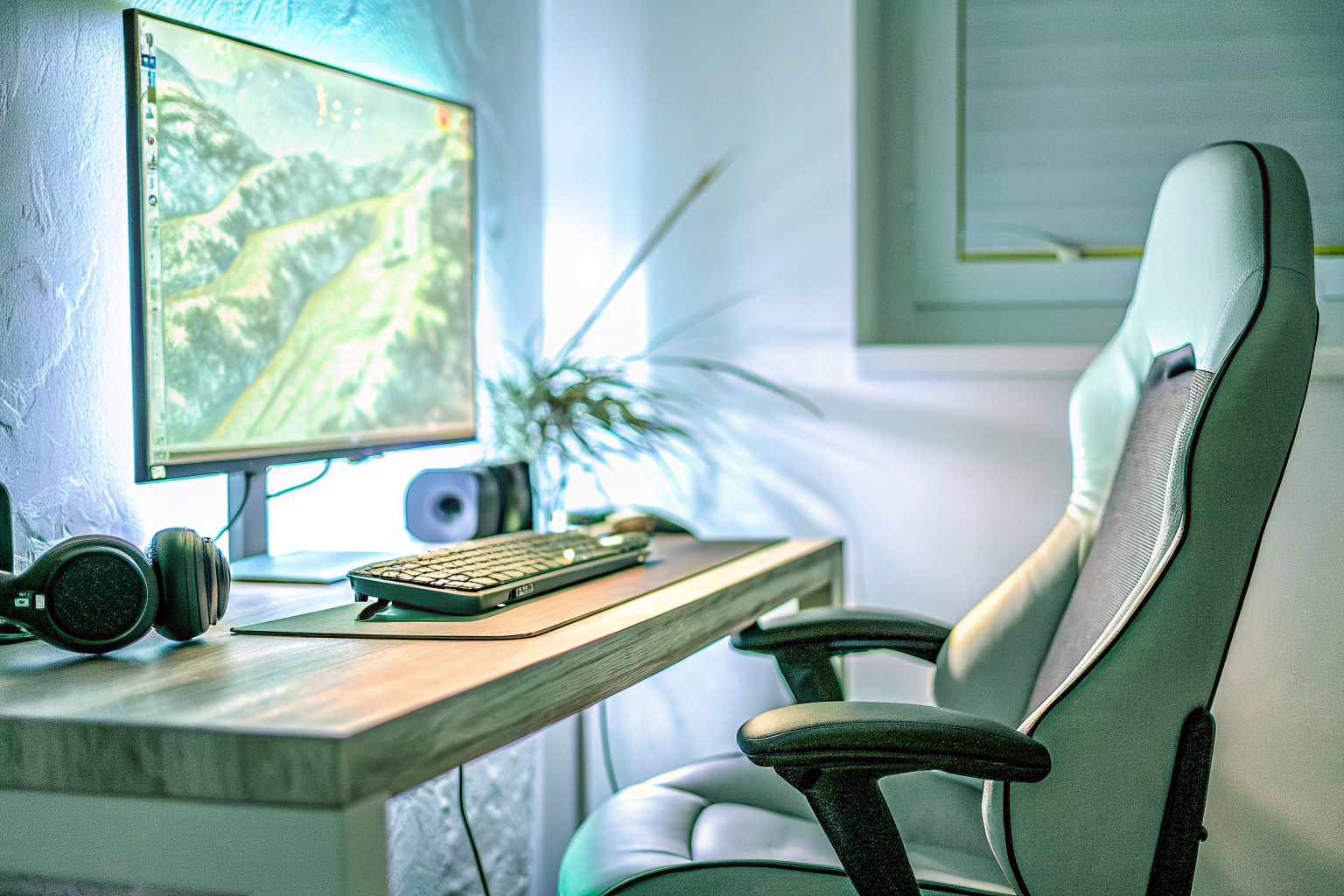 Ein Gamer sitzt entspannt in einem ergonomischen Stuhl, umgeben von einem beleuchteten Gaming-Setup. Ergonomisches Gaming-Setup