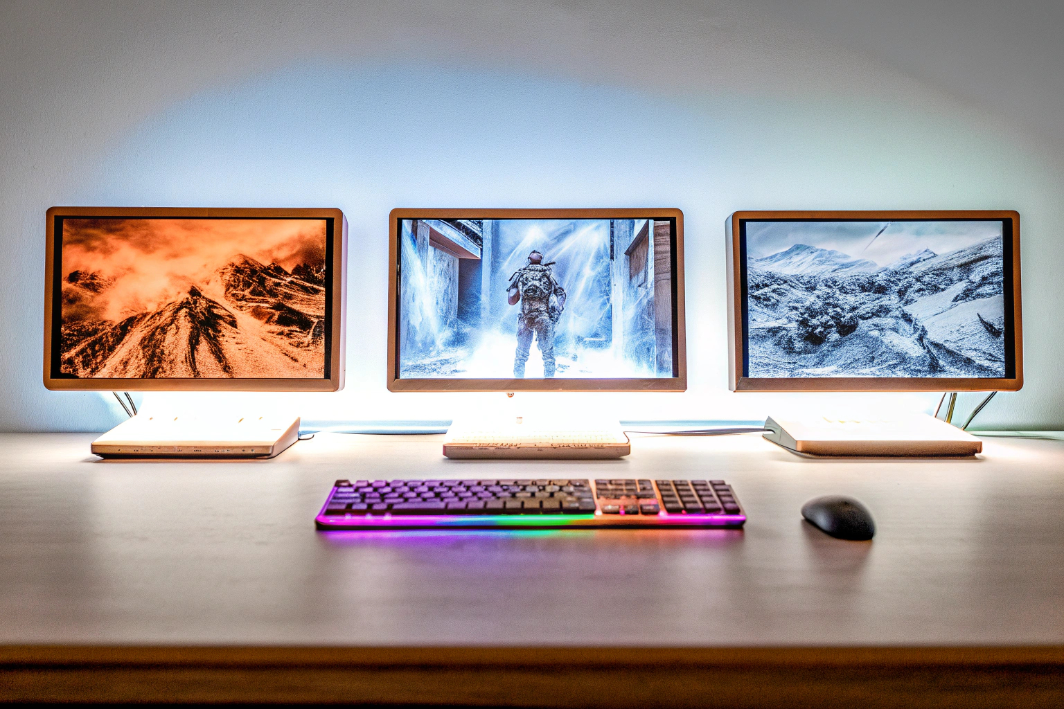 Ein Gamer sitzt vor einem optimierten Gaming-Setup mit mehreren Monitoren. Optimiertes Gaming-Setup