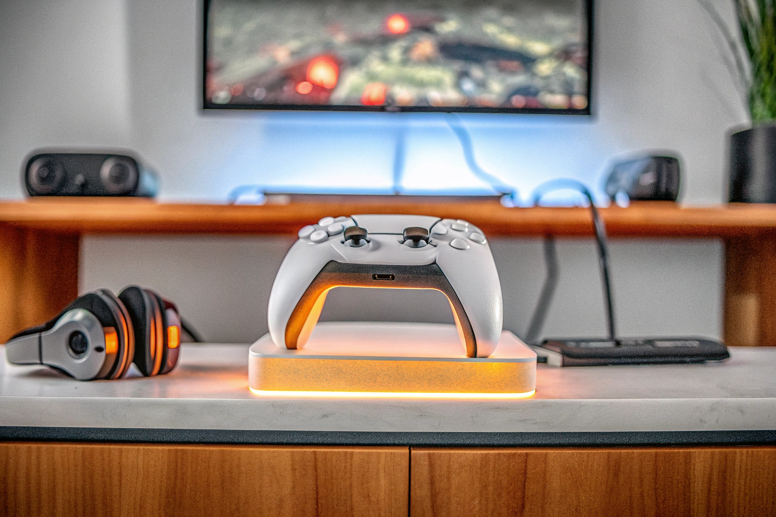 Ein Gamer spielt mit einem PS5-Controller und verwendet dabei eine Ladestation. PS5 Controller auf Ladestation