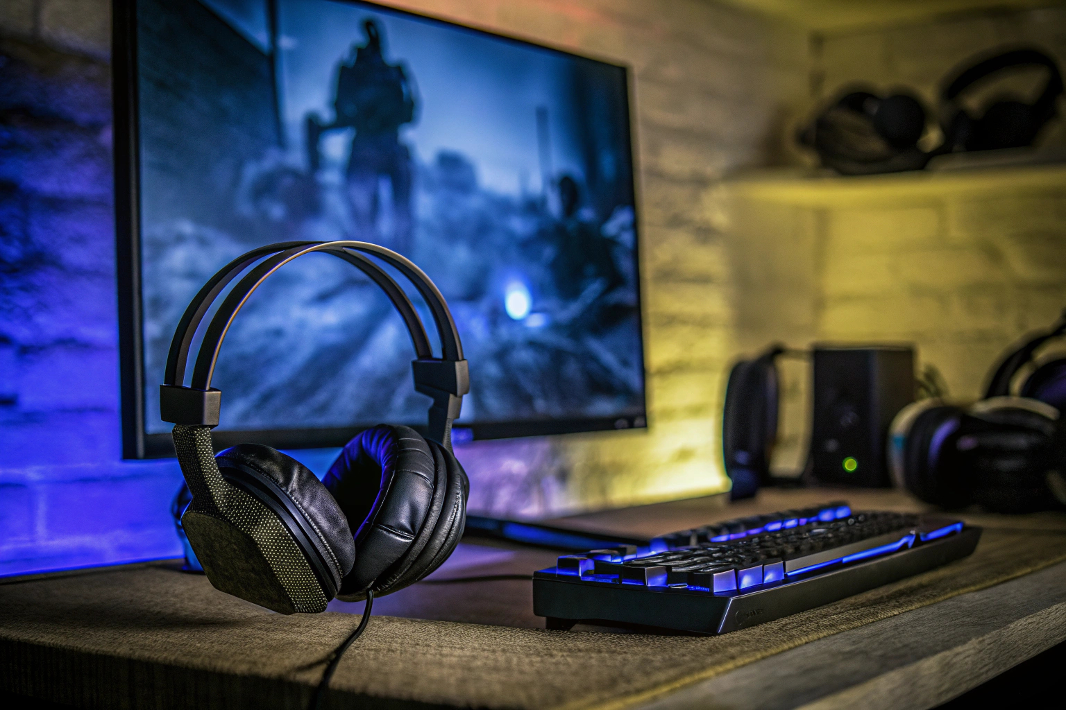 Ein Gamer trägt hochwertige Kopfhörer und ist in ein Videospiel vertieft. Die Szene ist in einem abgedunkelten Raum mit RGB-Beleuchtung. Gamer mit Kopfhörern