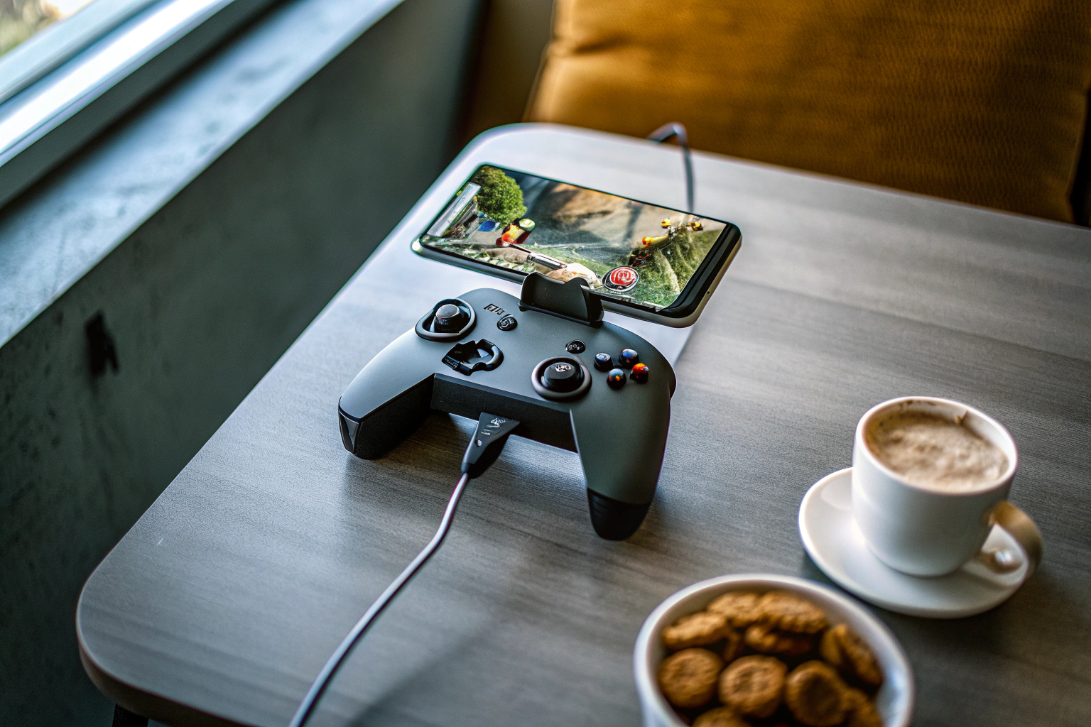 Ein Gaming-Controller, der mit einem Smartphone verbunden ist, während ein Spiel gespielt wird. Gaming-Controller für Smartphone