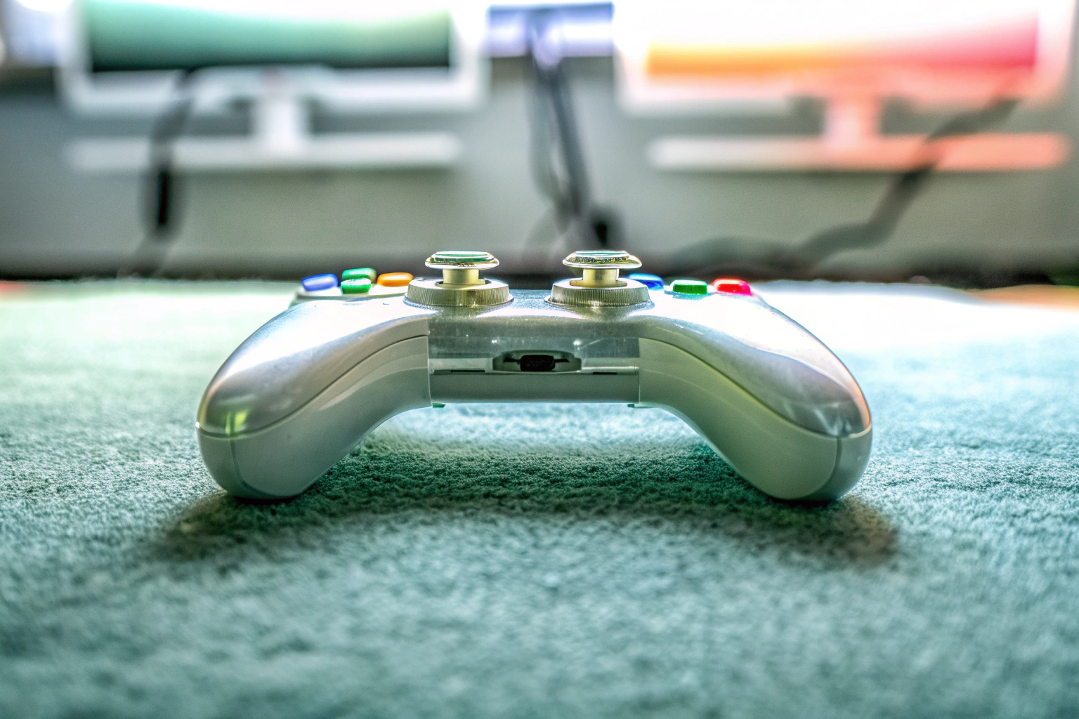 Ein Gaming-Controller mit bunten Silikon-Thumbstick-Grips. Controller mit Silikon-Kappen